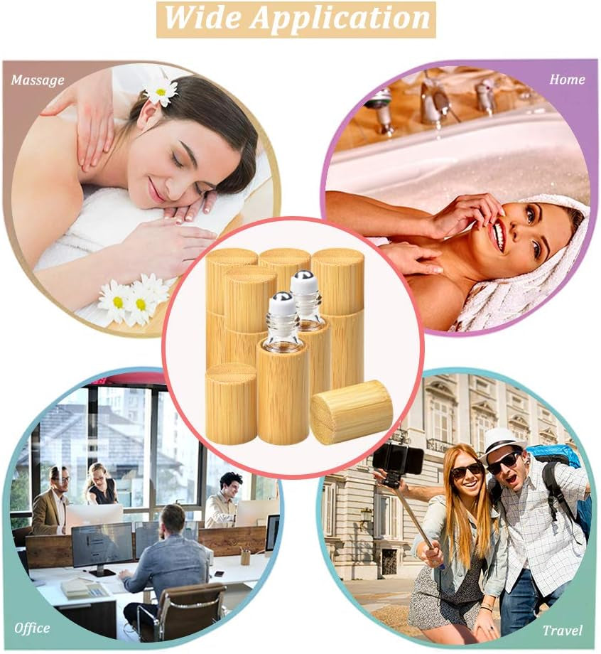 AUHOTA - Flacone Roll on in Bambù Da 5 Ml per Oli Essenziali, Bottiglia Portatile per Olio Da Massaggio, Interno Trasparente, Con Sfera a Rullo in Acciaio Inossidabile, Contenitore Ecologico Per
