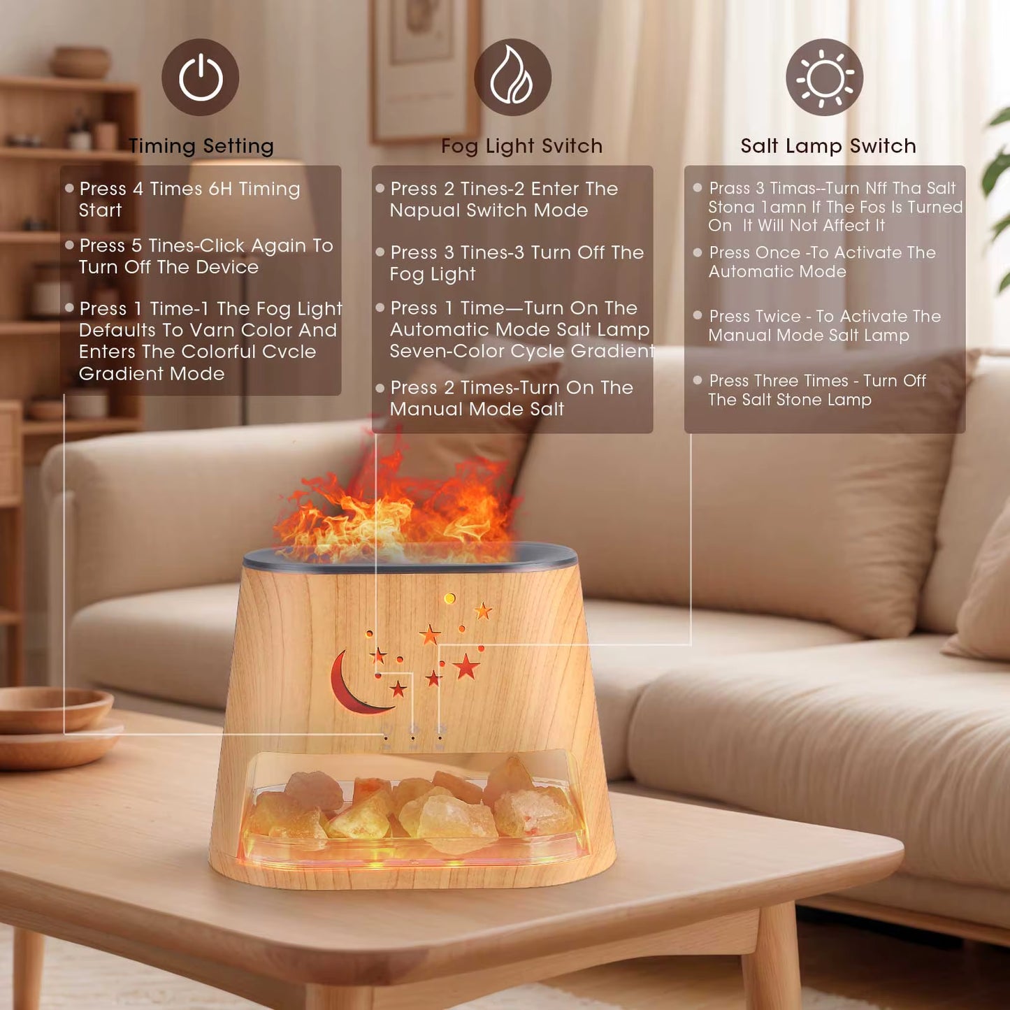 2 in 1 Essential Oil Diffuser 260ML & Himalayan Salt Crystal Lamp - 7 Colors, Flame Effect, Auto Stop, BPA Free