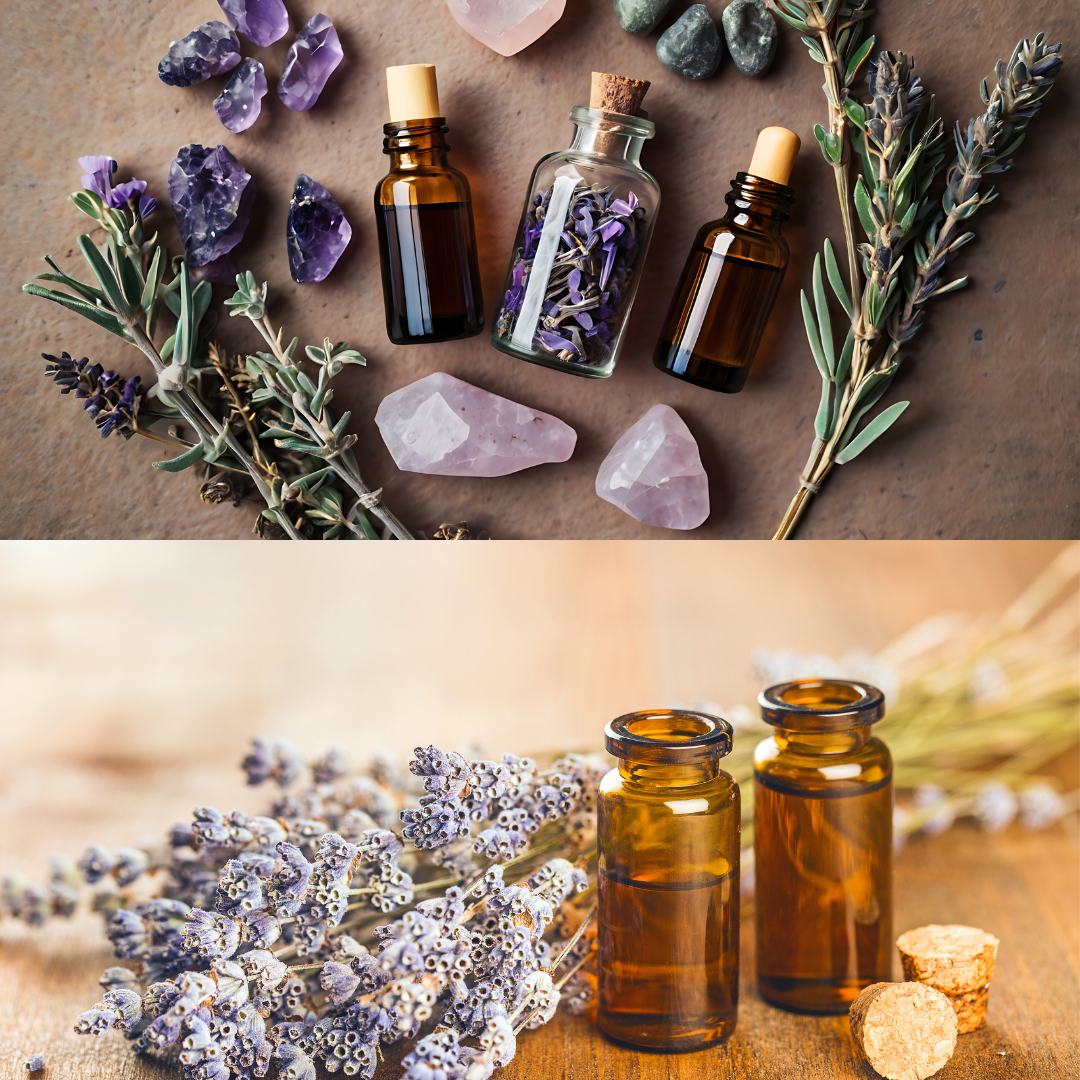Bottiglie di oli essenziali naturali per aromaterapia con piante fresche su sfondo zen