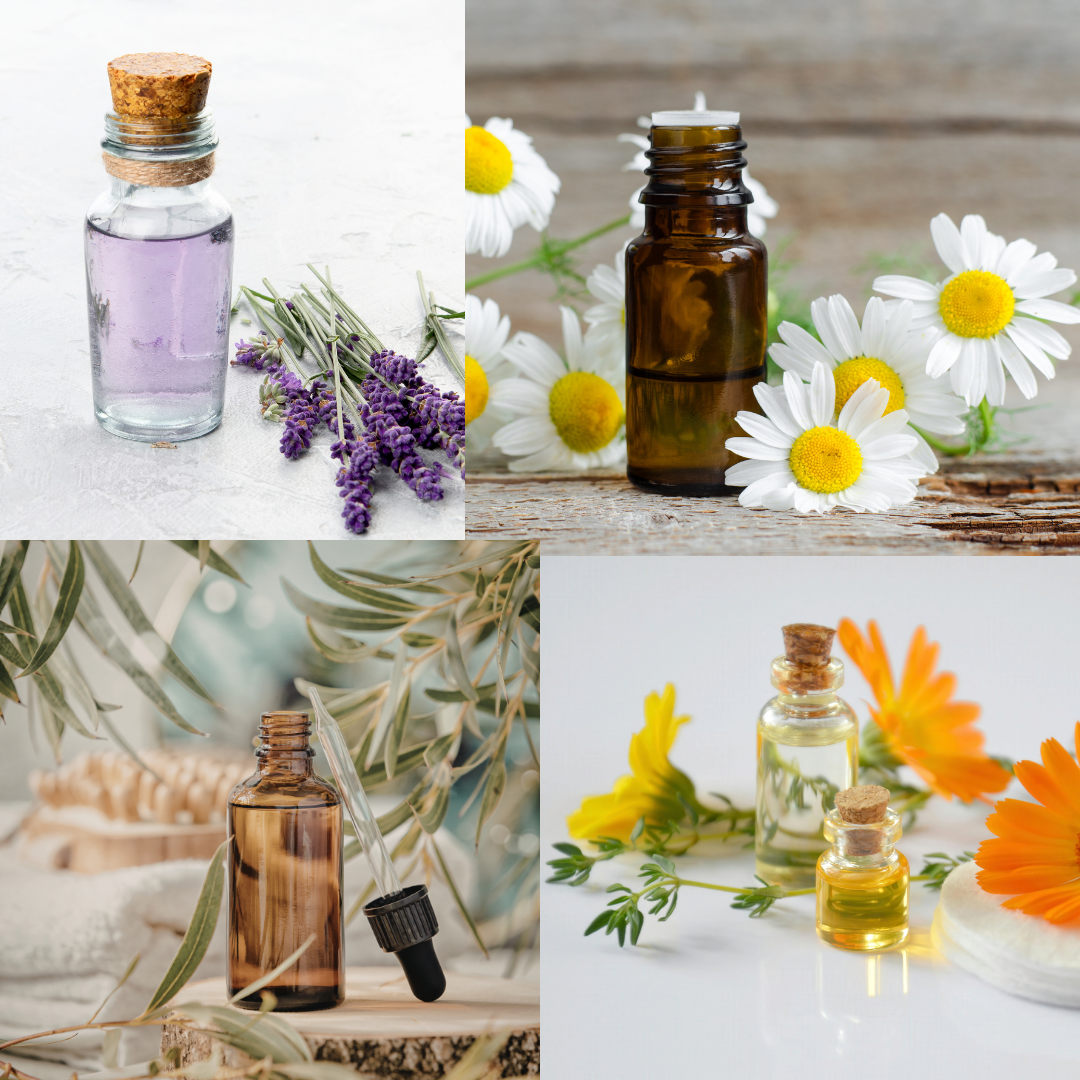Oli essenziali per dormire meglio con lavanda e camomilla su comodino notturno