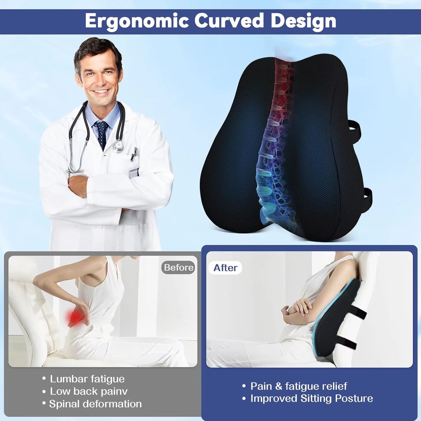 Lumbar Pillow for Office Chair Back Cushion with Removable Cover Cooling Memory Foam Pillow Back Pain Relief