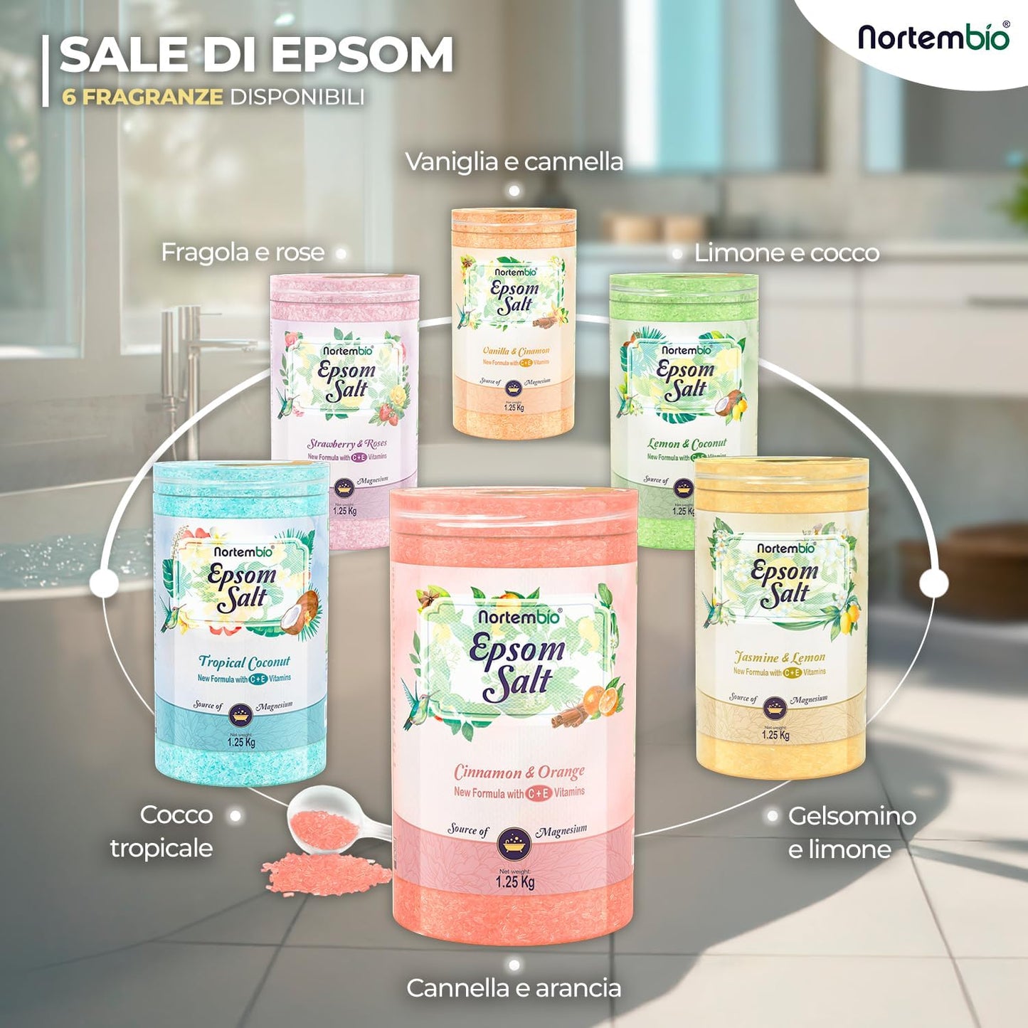 Sali Di Epsom Profumati 180 G Sale Da Bagno Al Magnesio Con Vitamine C Ed E | per Bagno Rilassante, Pediluvio E Spa a Casa | 6 Fragranze a Scelta + Ebook Gratuito (Cocco Tropicale)