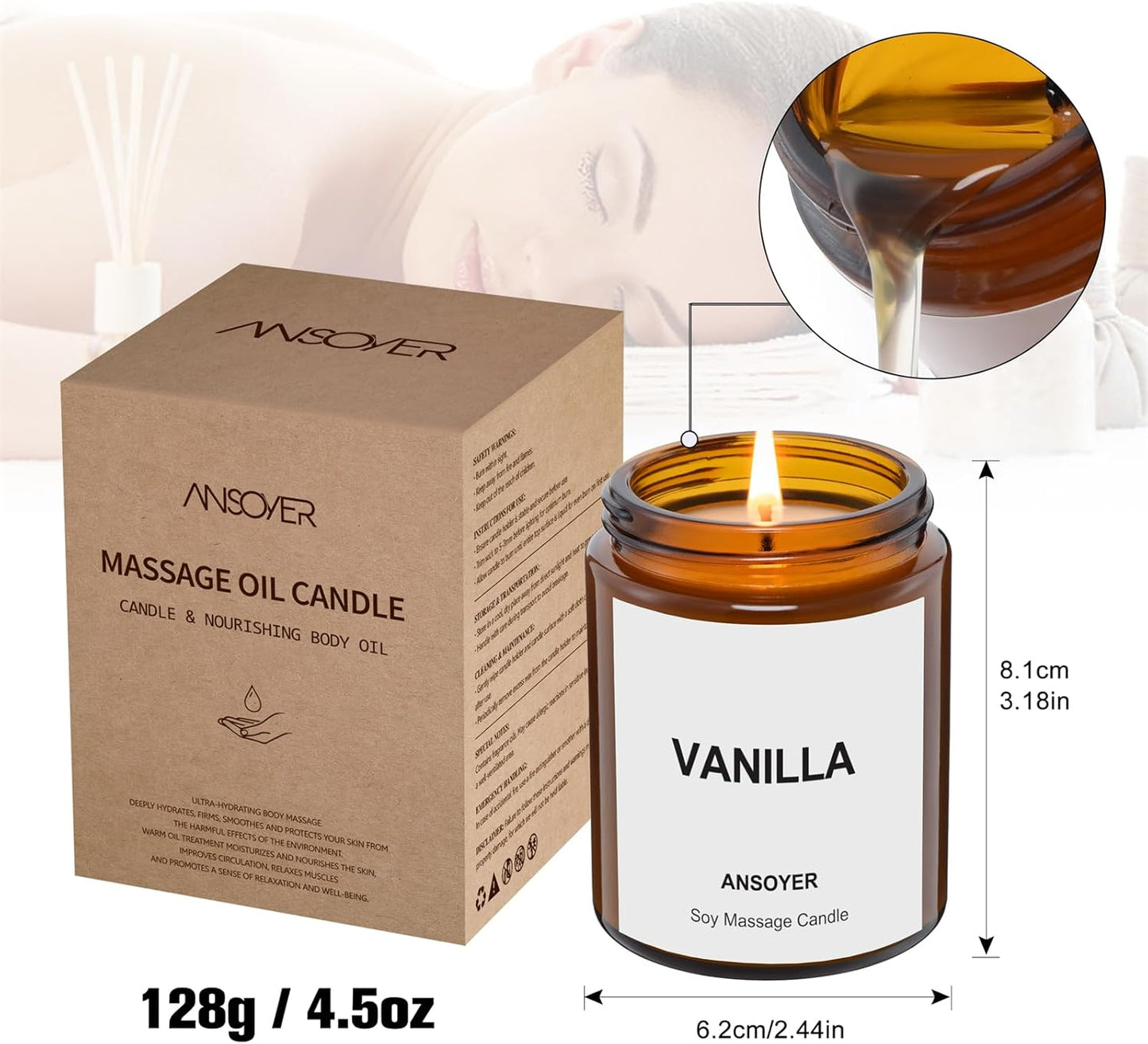 Candele Da Massaggio - Idratanti E Nutrienti per La SPA Di Casa - 128G (Vaniglia)