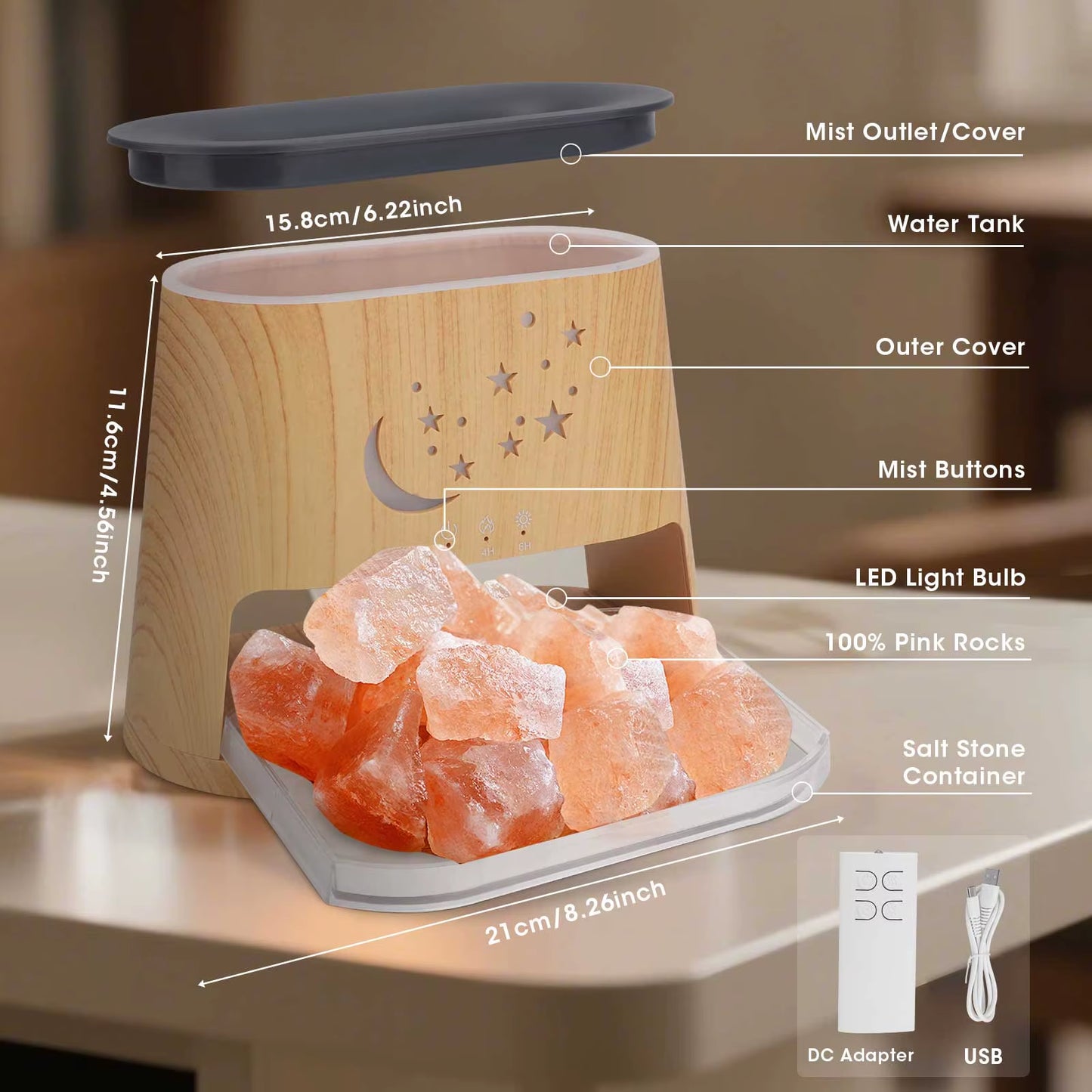 2 in 1 Essential Oil Diffuser 260ML & Himalayan Salt Crystal Lamp - 7 Colors, Flame Effect, Auto Stop, BPA Free