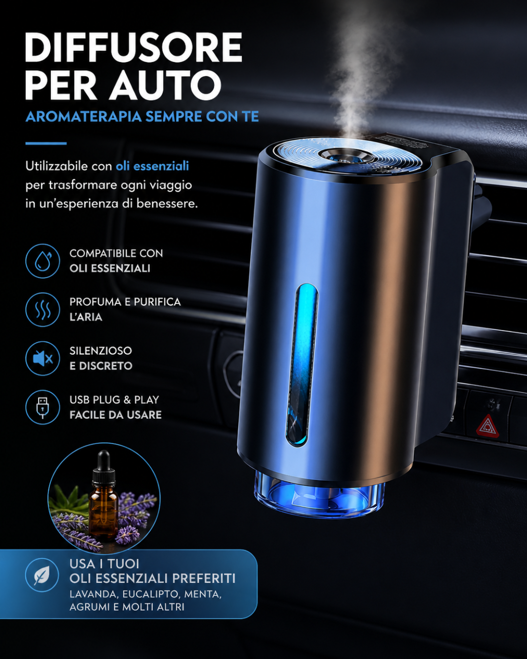 Diffusore Auto Oli Essenziali USB – Aromaterapia per Bocchetta Aria