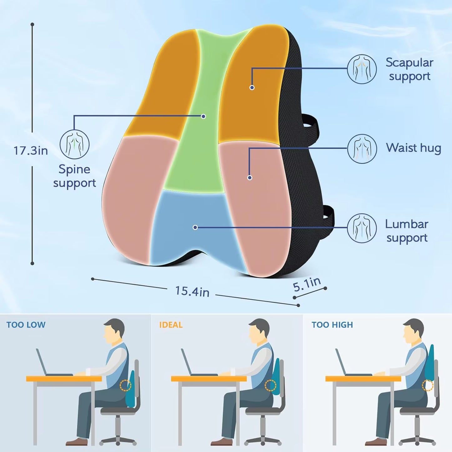 Lumbar Pillow for Office Chair Back Cushion with Removable Cover Cooling Memory Foam Pillow Back Pain Relief