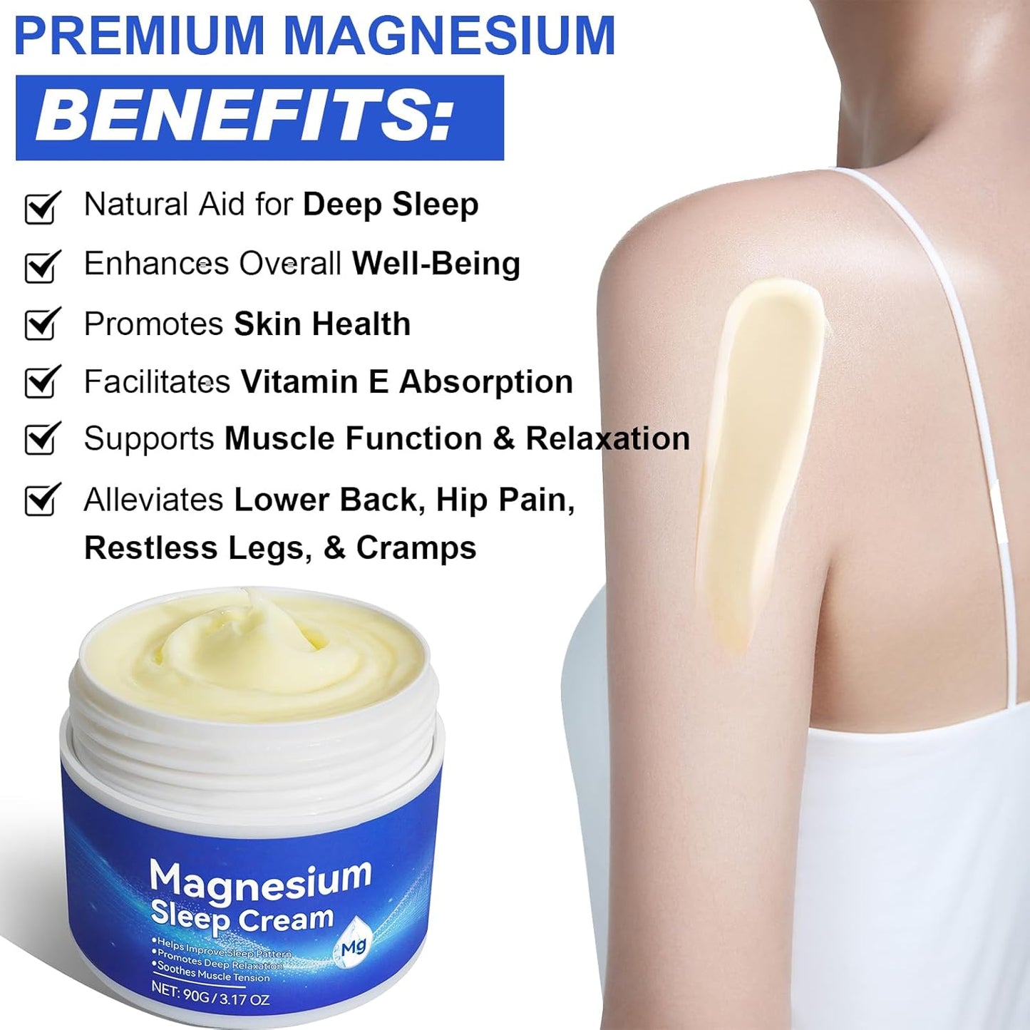 Crema Sonno Lenitiva Al Magnesio, Burro Idratante Calmante per Muscoli E Corpo Della Pelle Del Magnesio, Sollievo per Gambe Inquiete | Rilassante Articolare Muscolare per Crampi E Dolore(90G)