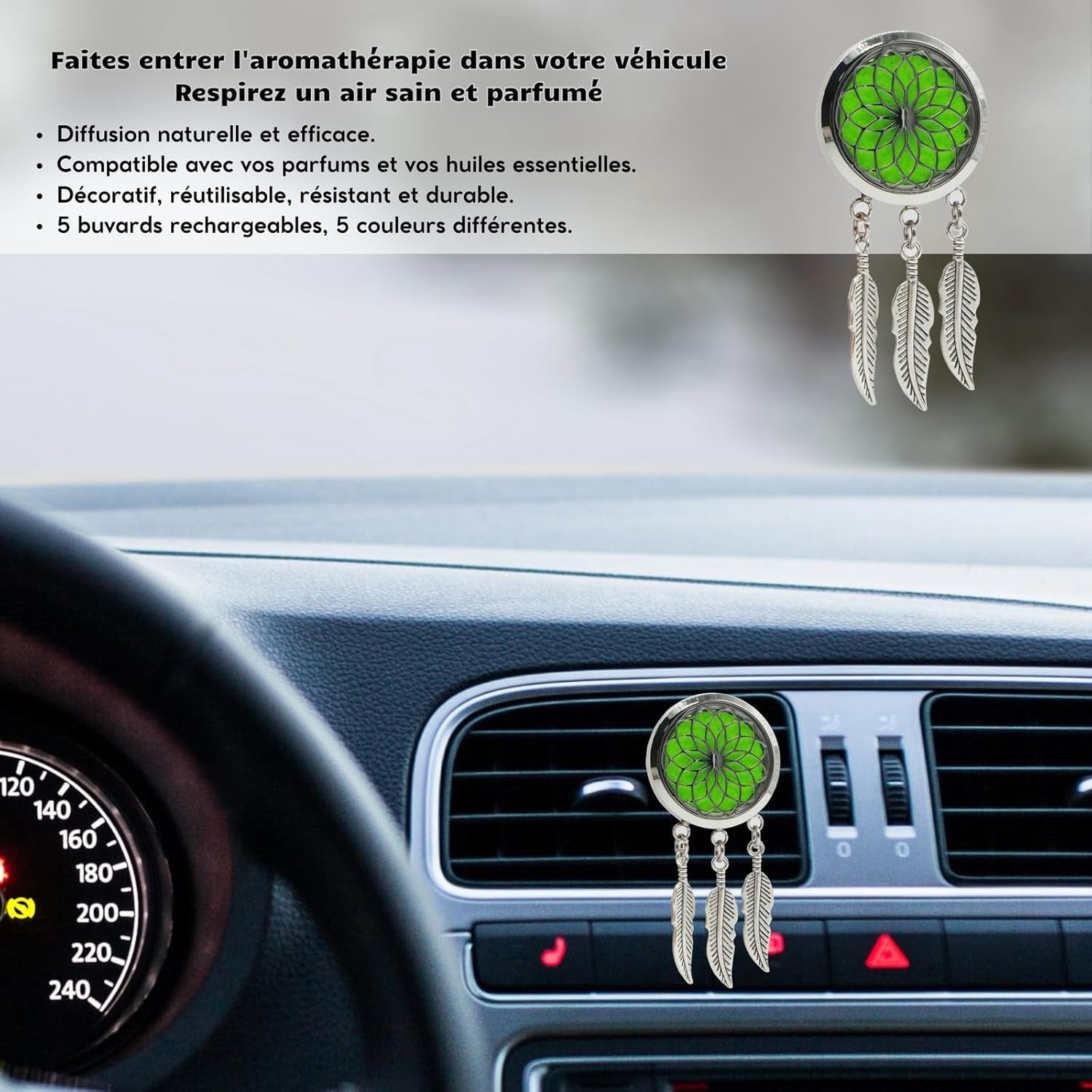 Zen'Aroôme - Diffusore Di Olio Essenziale per Auto, Clip Aromatizzante, Acchiappasogni, Diffusore + 5 Bicchieri Da Profumo Con Olio Essenziale O Profumo, in Acciaio Inossidabile, Fissaggio Su Griglia