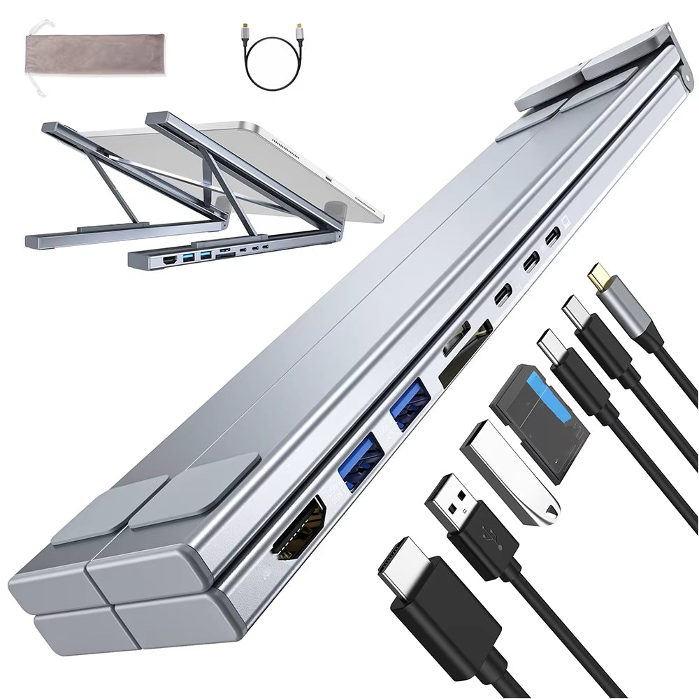 Portable Laptop Stand Aluminum Adjustable 8 Ports USB C Hub with 4K HDMI PD 100W for Macbook 10-17” Laptops Cooling Riser Mount