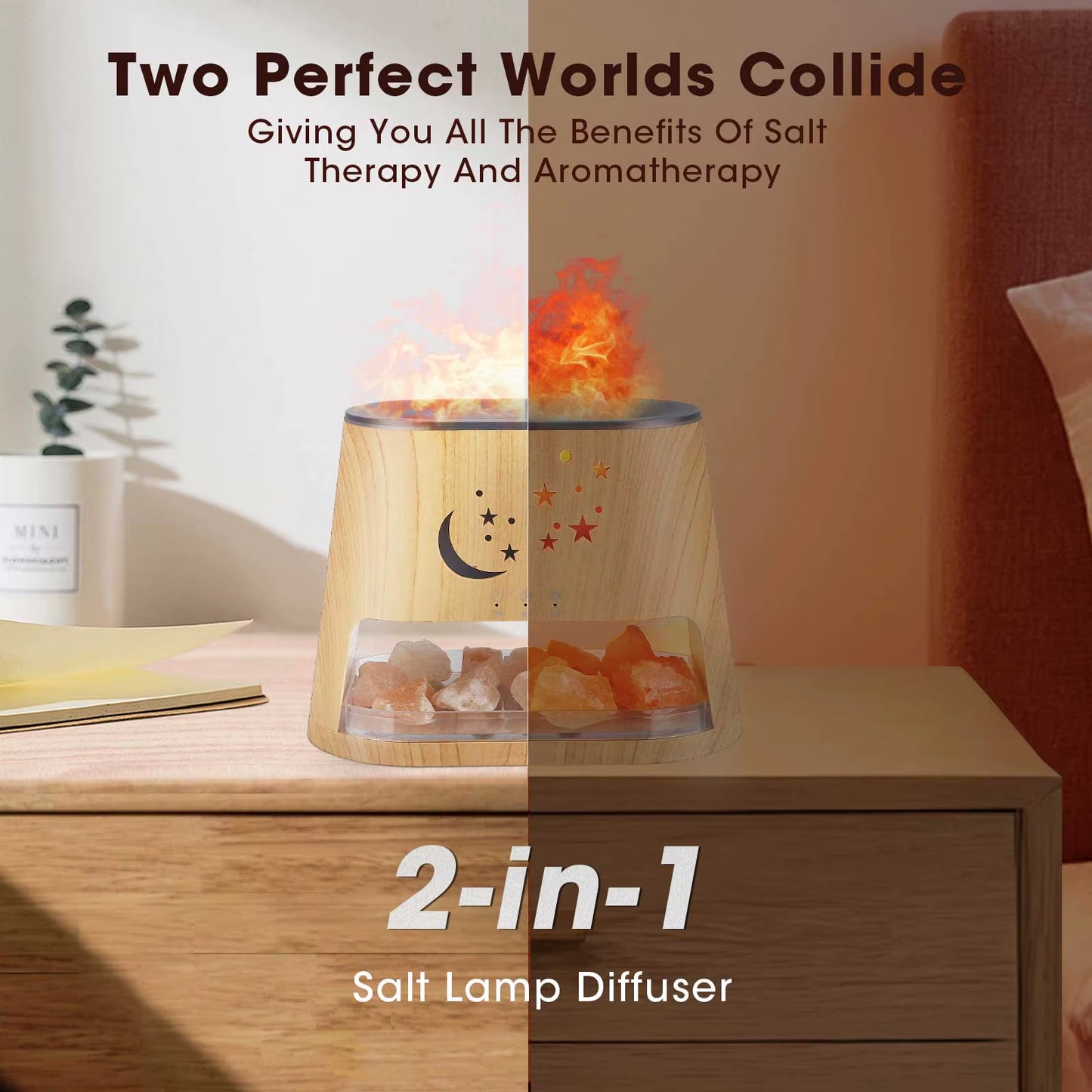 2 in 1 Essential Oil Diffuser 260ML & Himalayan Salt Crystal Lamp - 7 Colors, Flame Effect, Auto Stop, BPA Free