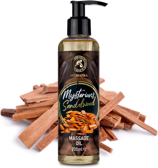 Olio Naturale per Massaggi Allevia Tensione (200 Ml) - Profumo Esotico Olio Essenziale Di Sandalo - Con Oli Naturali Di Noccioli Di Pesca, Jojoba, Mandorla, Semi Di Uva
