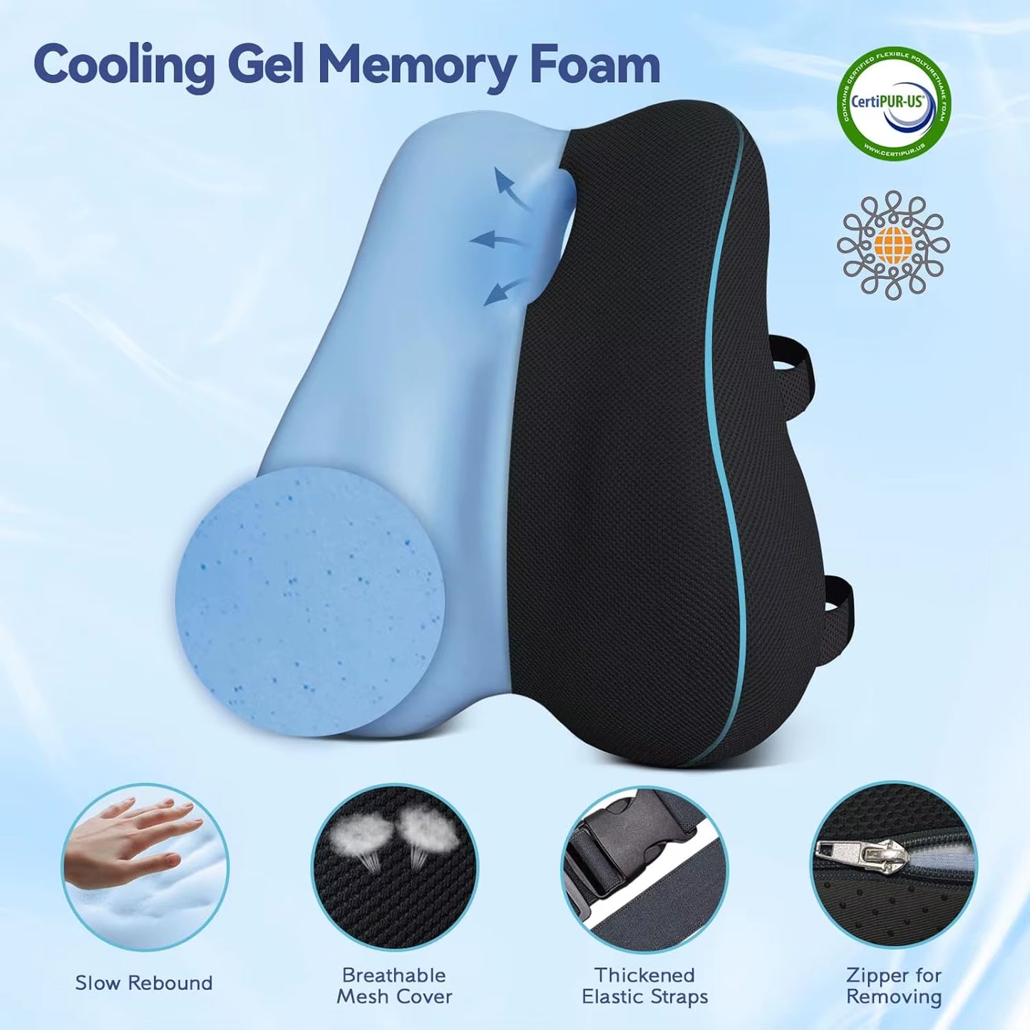 Lumbar Pillow for Office Chair Back Cushion with Removable Cover Cooling Memory Foam Pillow Back Pain Relief