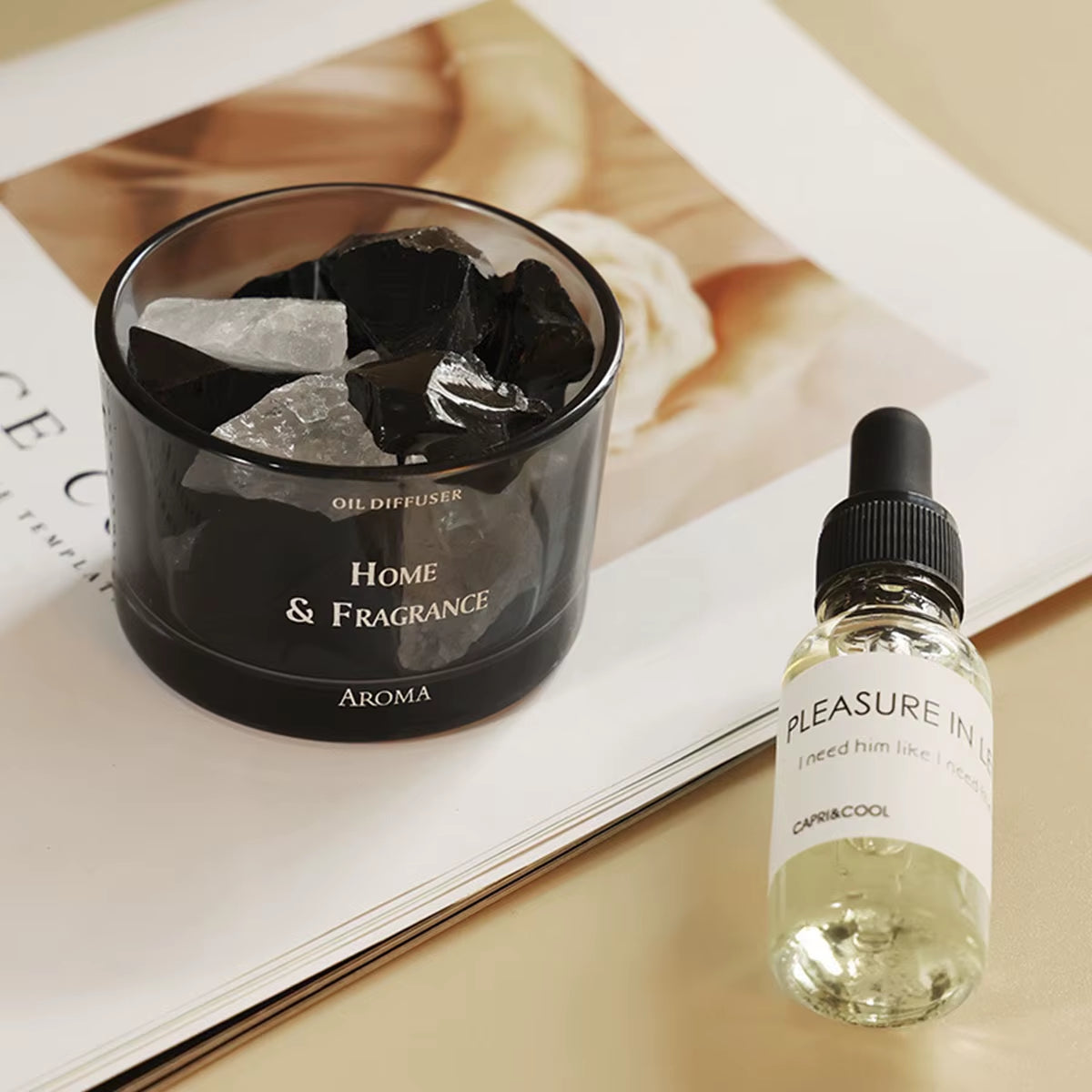 Essential Oil Diffuser with Natural Crystal Rocks, Passive Diffuser with Healing Crystals, USB Charger Wood Base Diffuser