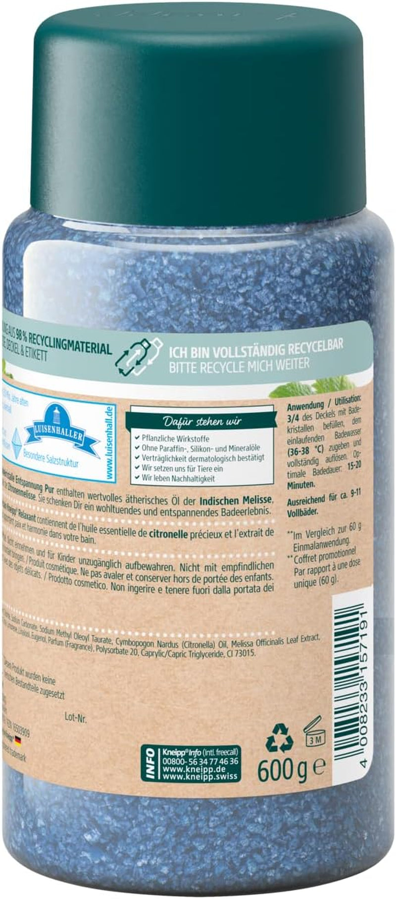 Cristalli Da Bagno Relax Pur – Confezione Di Scorte – Con Sale Naturale Profondo Della Saline Luisenhall & Olio Essenziale Di Melissa Indiana & Estratto Di Melissa – Armonizzante – 600 G