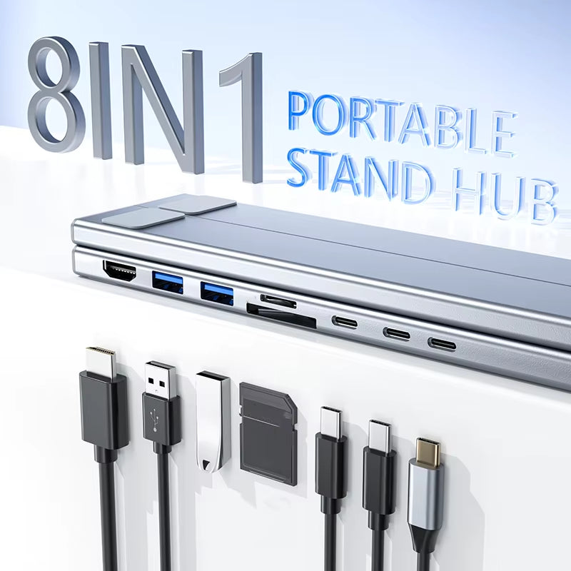 Portable Laptop Stand Aluminum Adjustable 8 Ports USB C Hub with 4K HDMI PD 100W for Macbook 10-17” Laptops Cooling Riser Mount