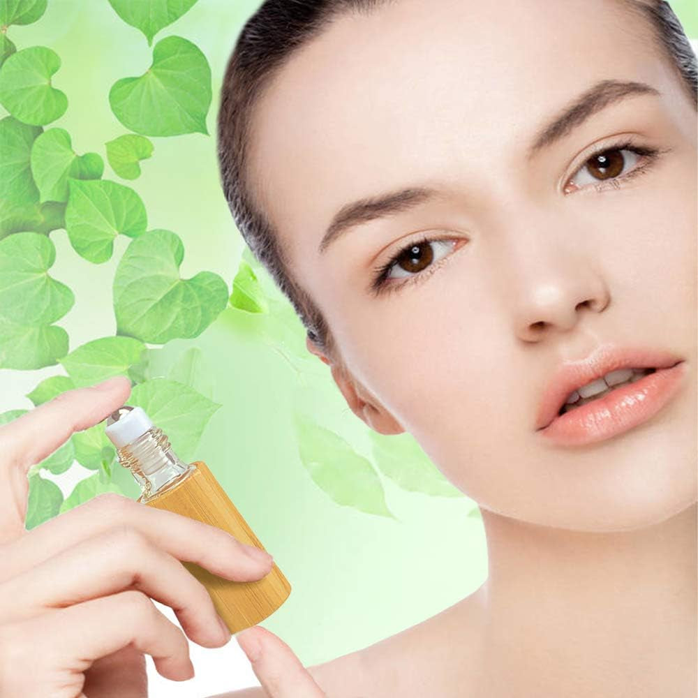 AUHOTA - Flacone Roll on in Bambù Da 5 Ml per Oli Essenziali, Bottiglia Portatile per Olio Da Massaggio, Interno Trasparente, Con Sfera a Rullo in Acciaio Inossidabile, Contenitore Ecologico Per