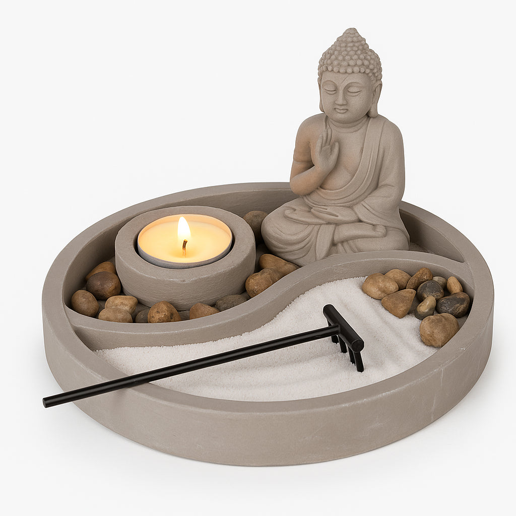 Set Giardino Zen Con Statua Buddha, Sabbia, Sassi E Candela – Decorazione Relax