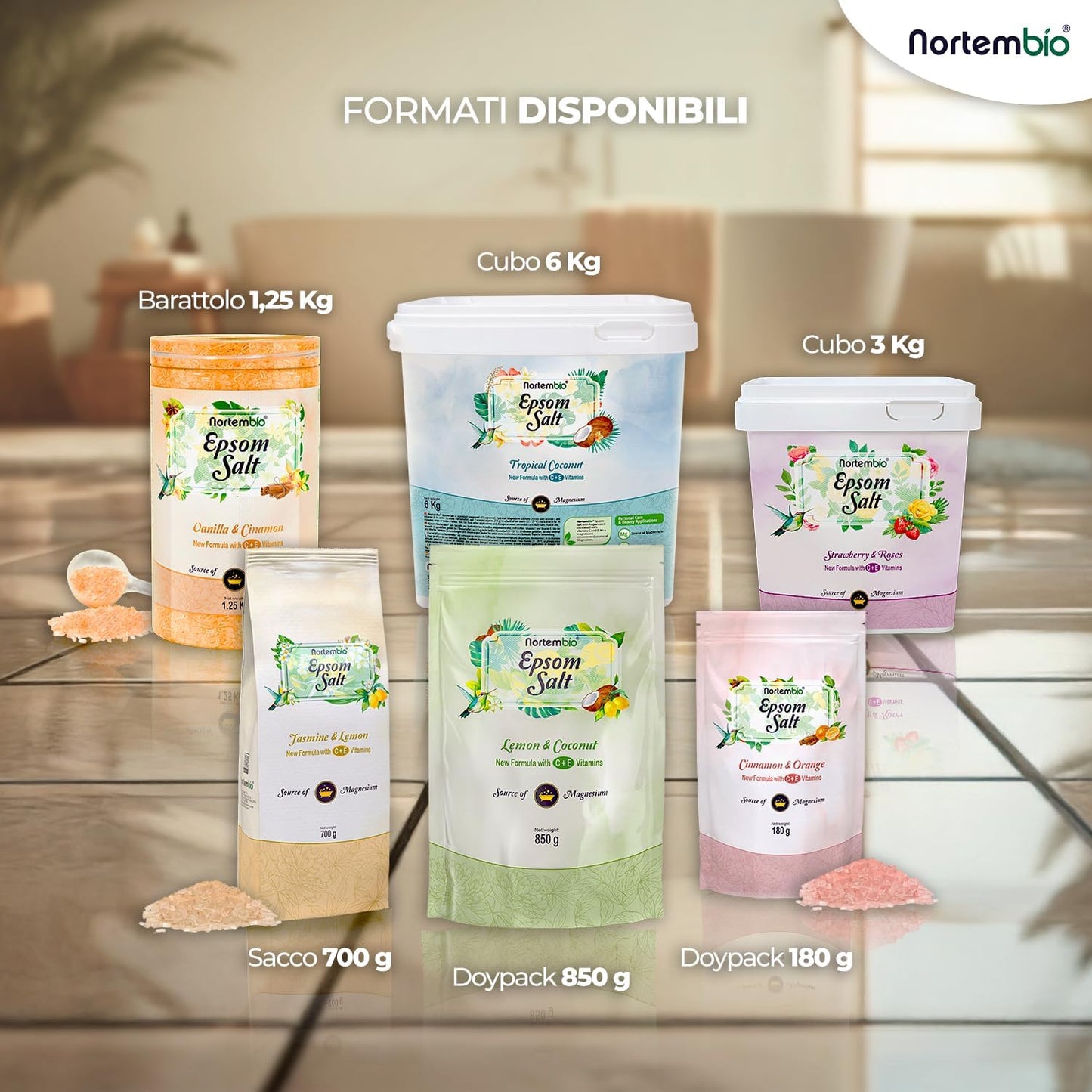Sali Di Epsom Profumati 180 G Sale Da Bagno Al Magnesio Con Vitamine C Ed E | per Bagno Rilassante, Pediluvio E Spa a Casa | 6 Fragranze a Scelta + Ebook Gratuito (Cocco Tropicale)