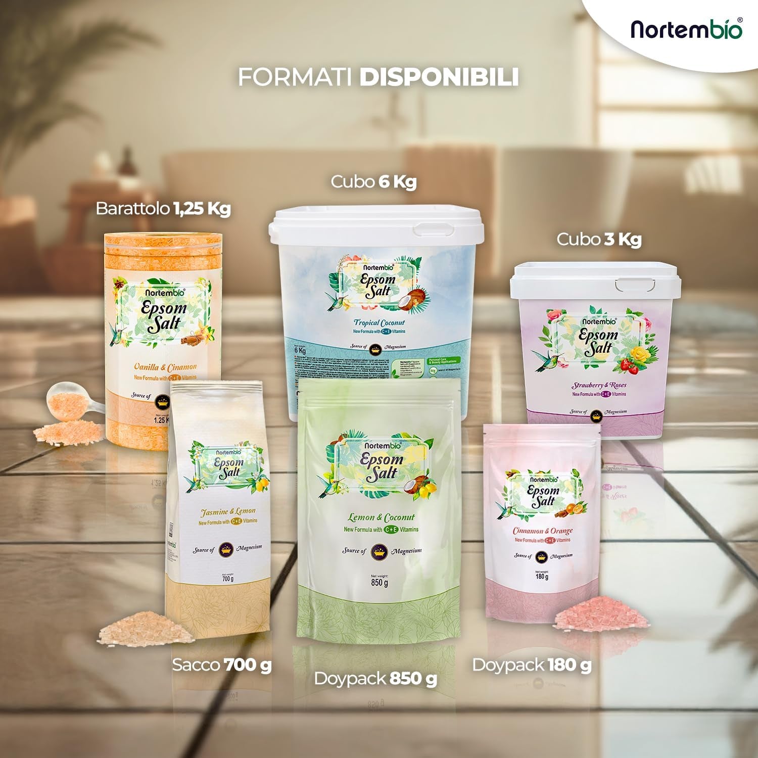 Sali Di Epsom Profumati 180 G Sale Da Bagno Al Magnesio Con Vitamine C Ed E | per Bagno Rilassante, Pediluvio E Spa a Casa | 6 Fragranze a Scelta + Ebook Gratuito (Cocco Tropicale)
