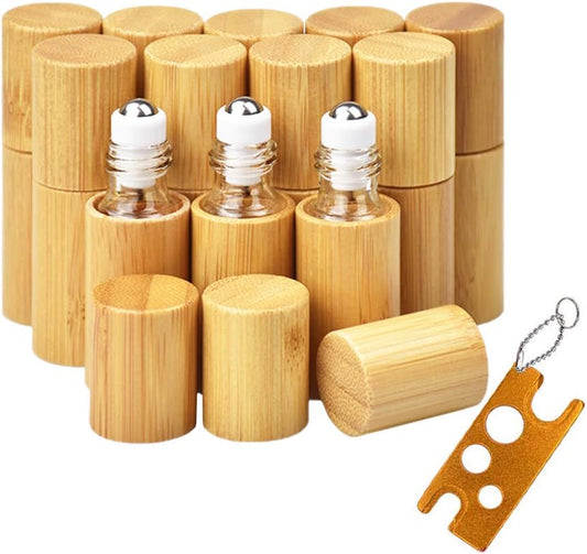 AUHOTA - Flacone Roll on in Bambù Da 5 Ml per Oli Essenziali, Bottiglia Portatile per Olio Da Massaggio, Interno Trasparente, Con Sfera a Rullo in Acciaio Inossidabile, Contenitore Ecologico Per