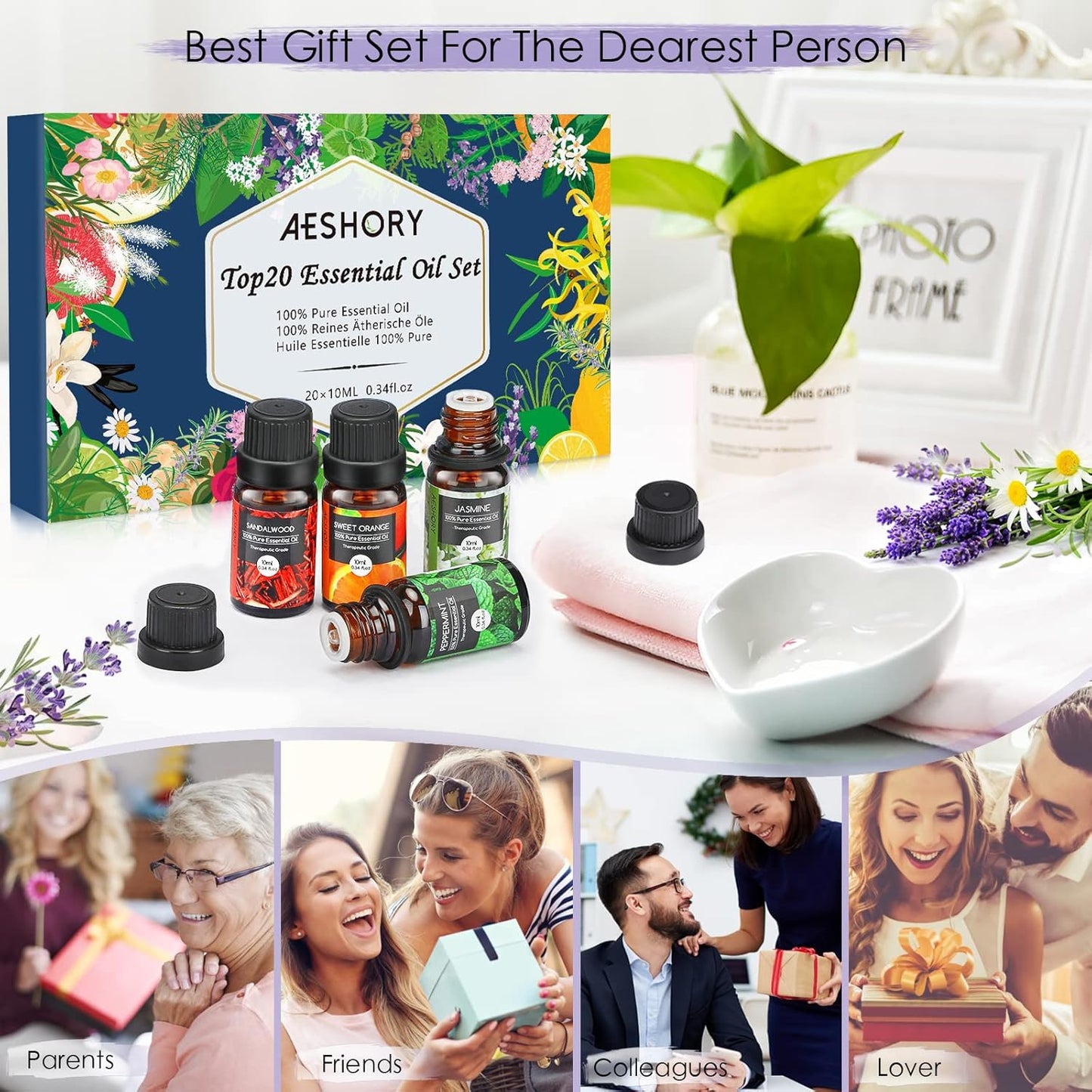 Set Di Oli Essenziali 20 X 10Ml,100% Olio Essenziale Puri E Naturali per Diffusori Umidificatore, Kit Oli Essenziali per Aromaterapia, Candele Fai Da Te, Profumate, SPA, Massaggi