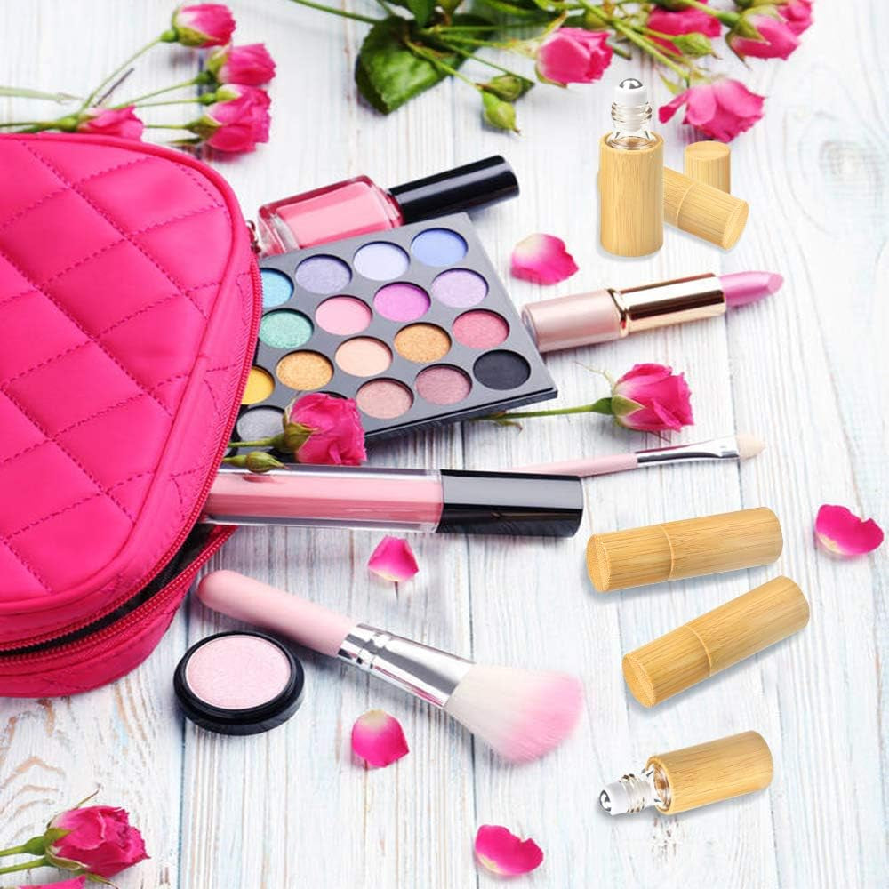 AUHOTA - Flacone Roll on in Bambù Da 5 Ml per Oli Essenziali, Bottiglia Portatile per Olio Da Massaggio, Interno Trasparente, Con Sfera a Rullo in Acciaio Inossidabile, Contenitore Ecologico Per