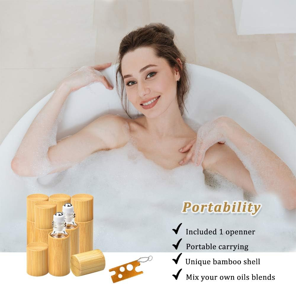 AUHOTA - Flacone Roll on in Bambù Da 5 Ml per Oli Essenziali, Bottiglia Portatile per Olio Da Massaggio, Interno Trasparente, Con Sfera a Rullo in Acciaio Inossidabile, Contenitore Ecologico Per