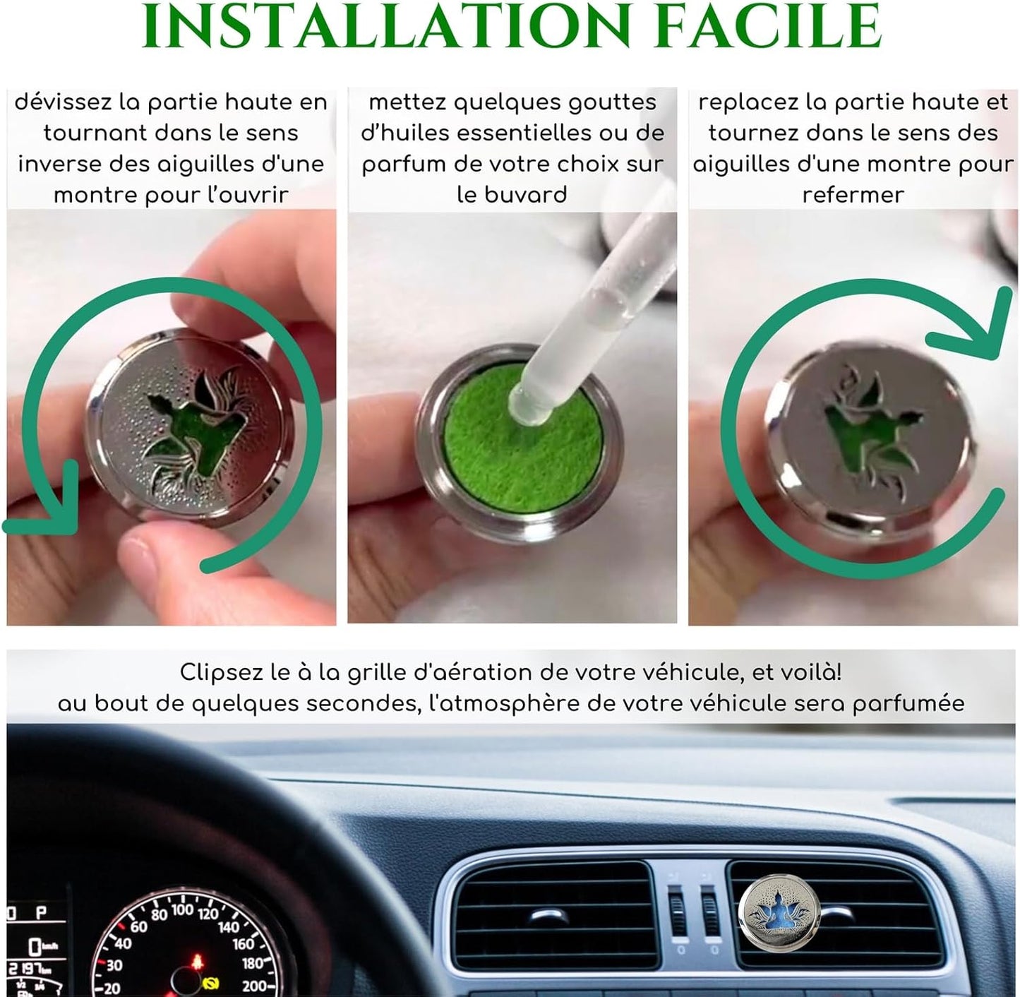 Zen'Aroôme - Diffusore Di Olio Essenziale per Auto, Clip Aromatizzante, Acchiappasogni, Diffusore + 5 Bicchieri Da Profumo Con Olio Essenziale O Profumo, in Acciaio Inossidabile, Fissaggio Su Griglia