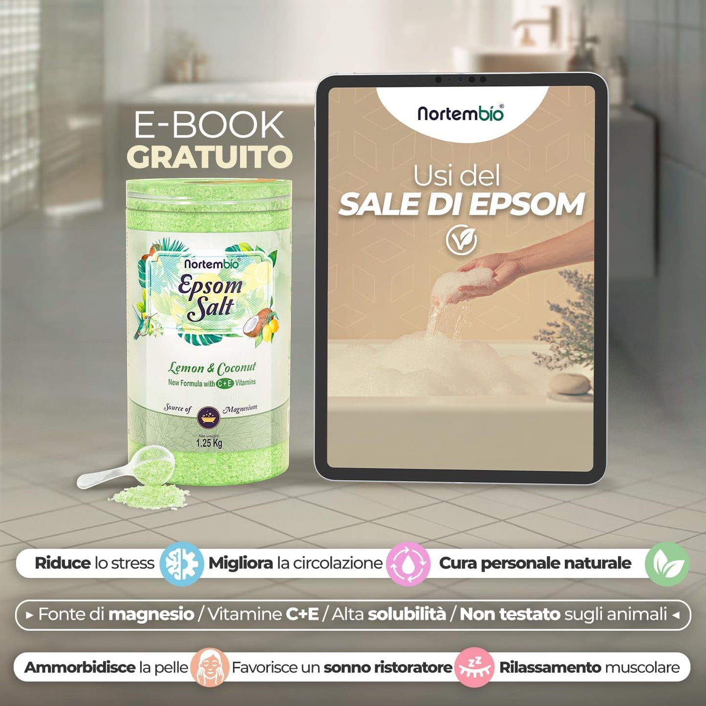 Sali Di Epsom Profumati 180 G Sale Da Bagno Al Magnesio Con Vitamine C Ed E | per Bagno Rilassante, Pediluvio E Spa a Casa | 6 Fragranze a Scelta + Ebook Gratuito (Cocco Tropicale)