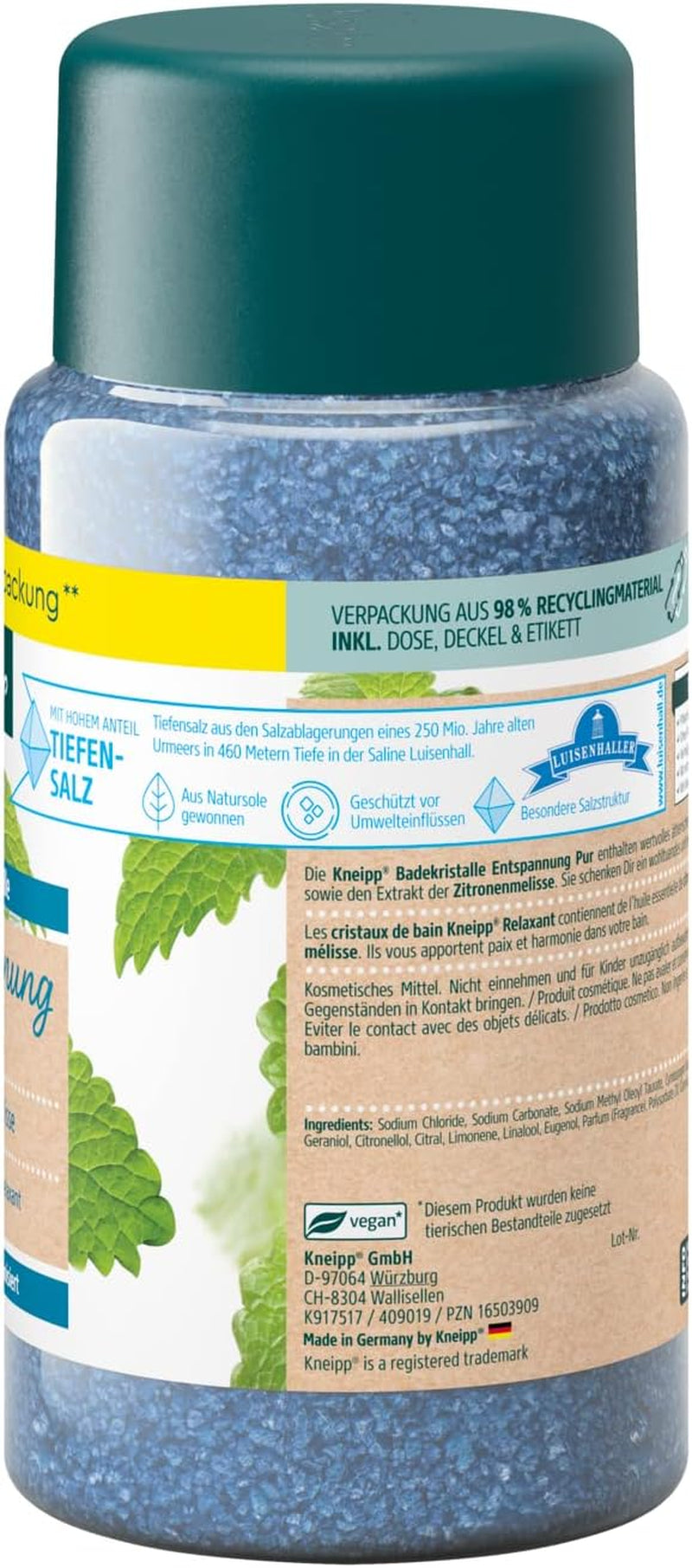 Cristalli Da Bagno Relax Pur – Confezione Di Scorte – Con Sale Naturale Profondo Della Saline Luisenhall & Olio Essenziale Di Melissa Indiana & Estratto Di Melissa – Armonizzante – 600 G