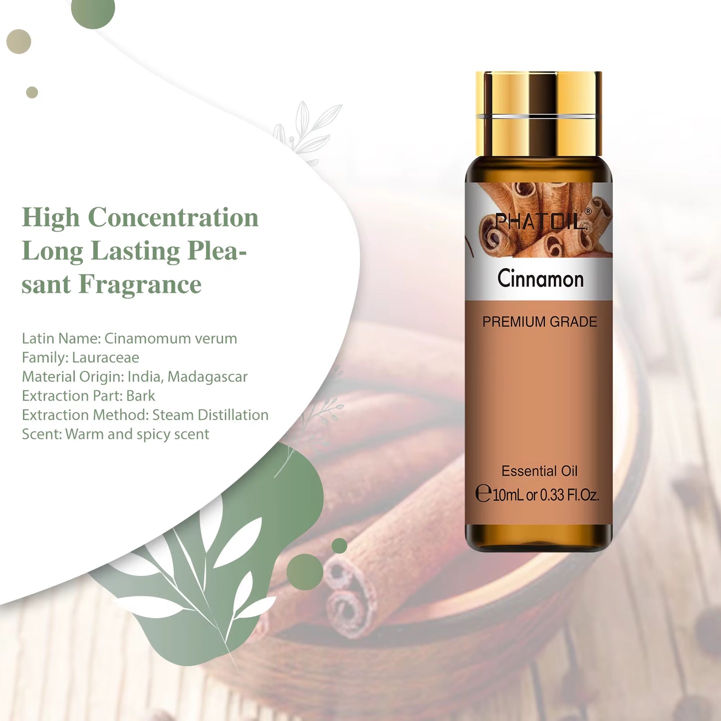 Flacone di olio essenziale alla cannella con nota calda e speziata