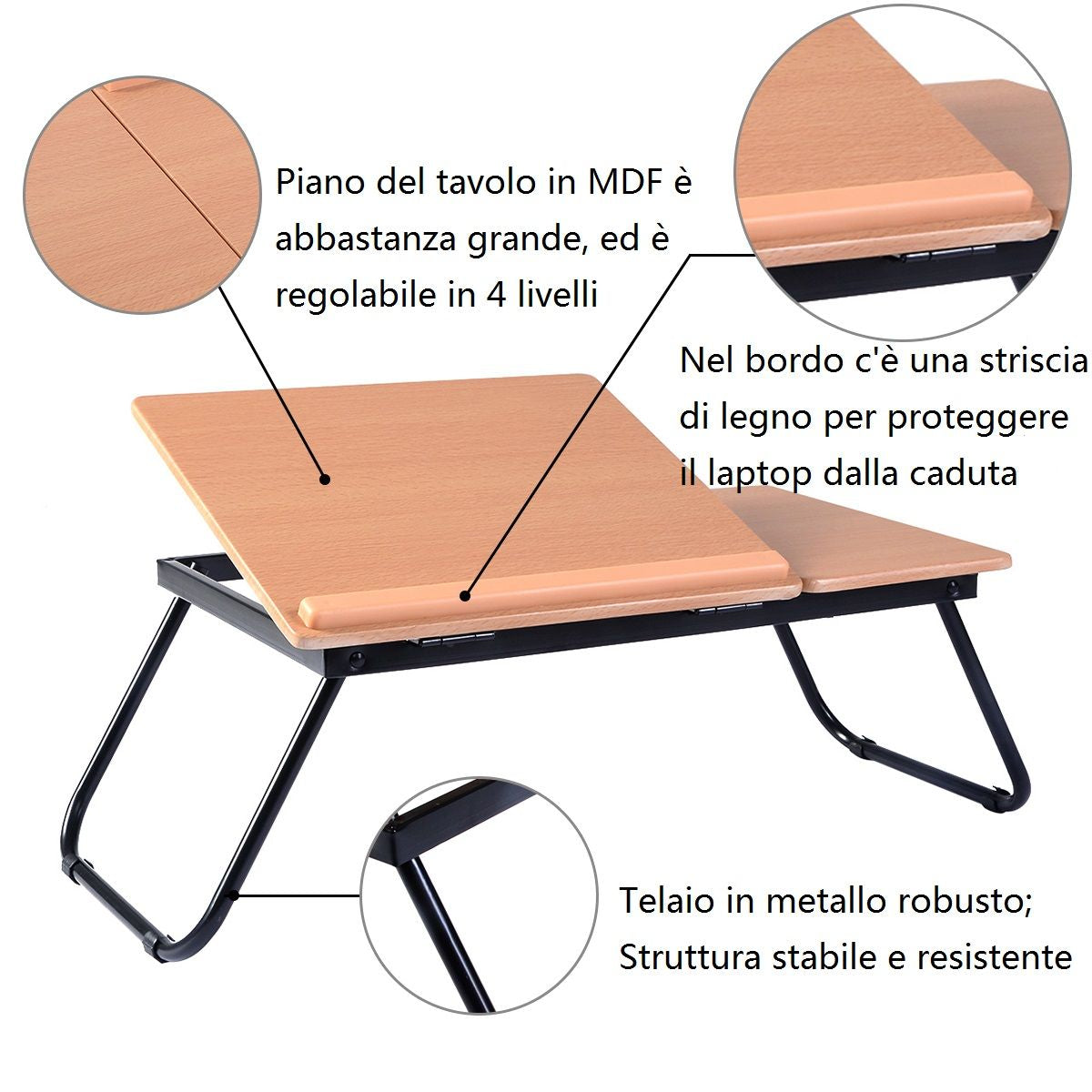 Tavolino Portatile Pieghevole per Letto Con Piano Inclinabile Ufficio E Viaggi, Tavolino per Laptop Colazione a Letto 2 Colori