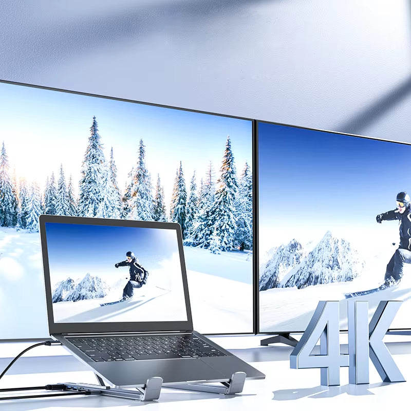 Supporto laptop in alluminio regolabile con hub USB-C 8 porte e HDMI 4K