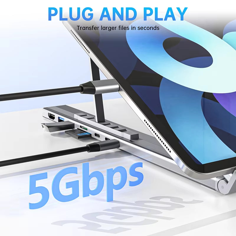 Supporto laptop ergonomico in alluminio con hub USB-C 8 porte per scrivania