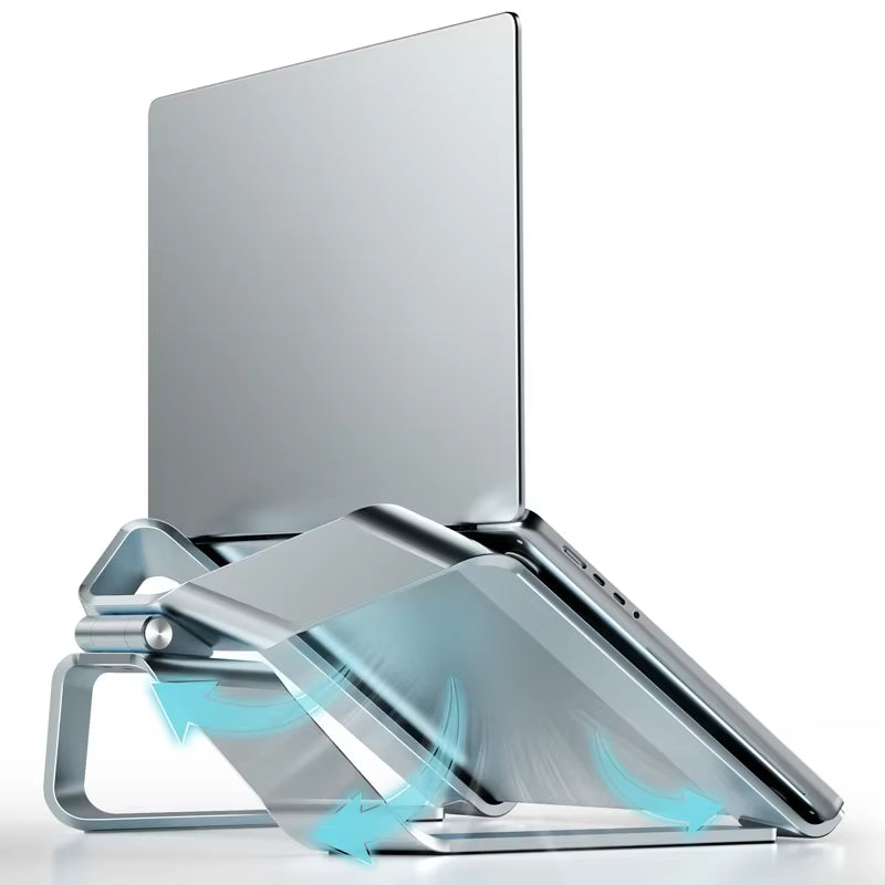 Supporto laptop in alluminio con design ergonomico per notebook su scrivania