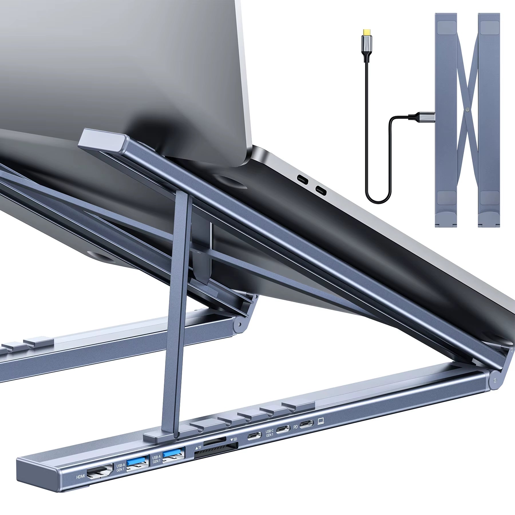 Supporto laptop in alluminio regolabile con hub USB-C 8 porte e HDMI 4K