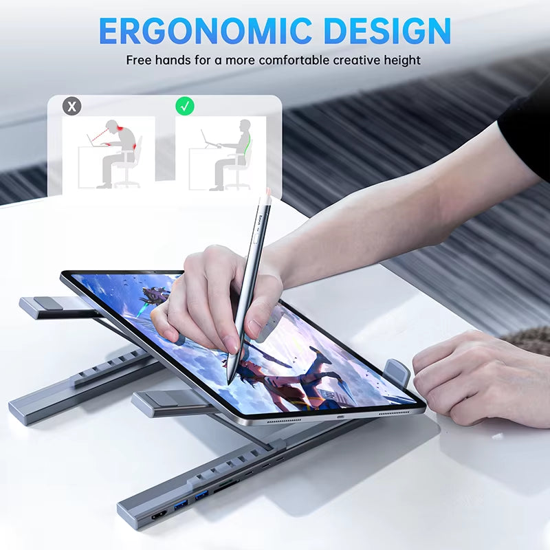 Supporto per notebook con porte USB-C, HDMI 4K e design regolabile in alluminio