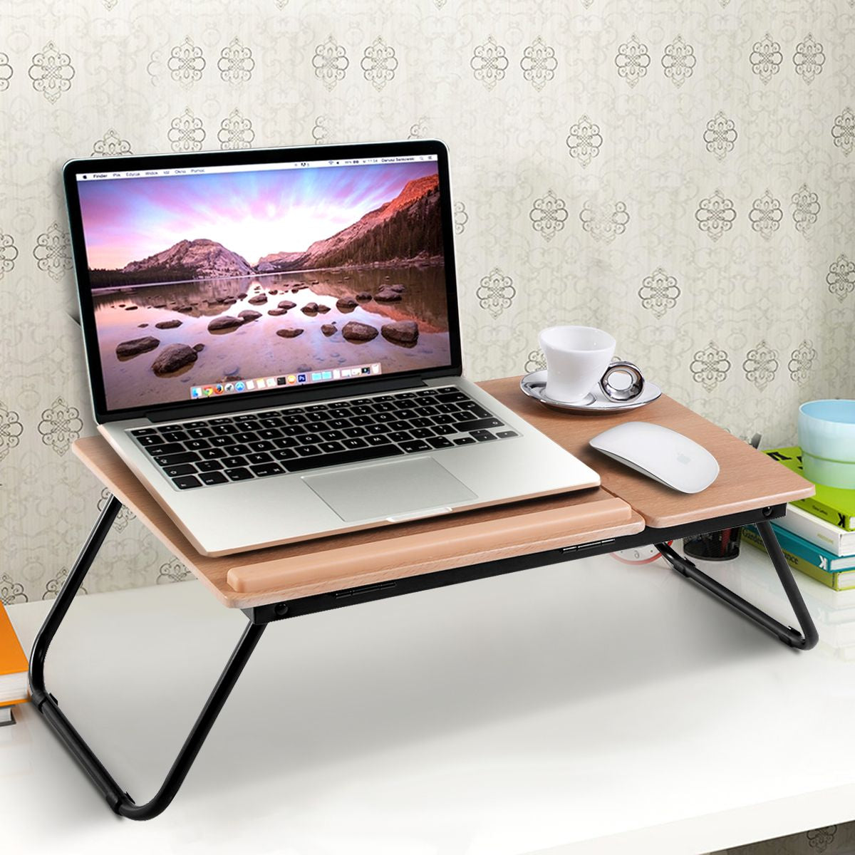 Tavolino Portatile Pieghevole per Letto Con Piano Inclinabile Ufficio E Viaggi, Tavolino per Laptop Colazione a Letto 2 Colori