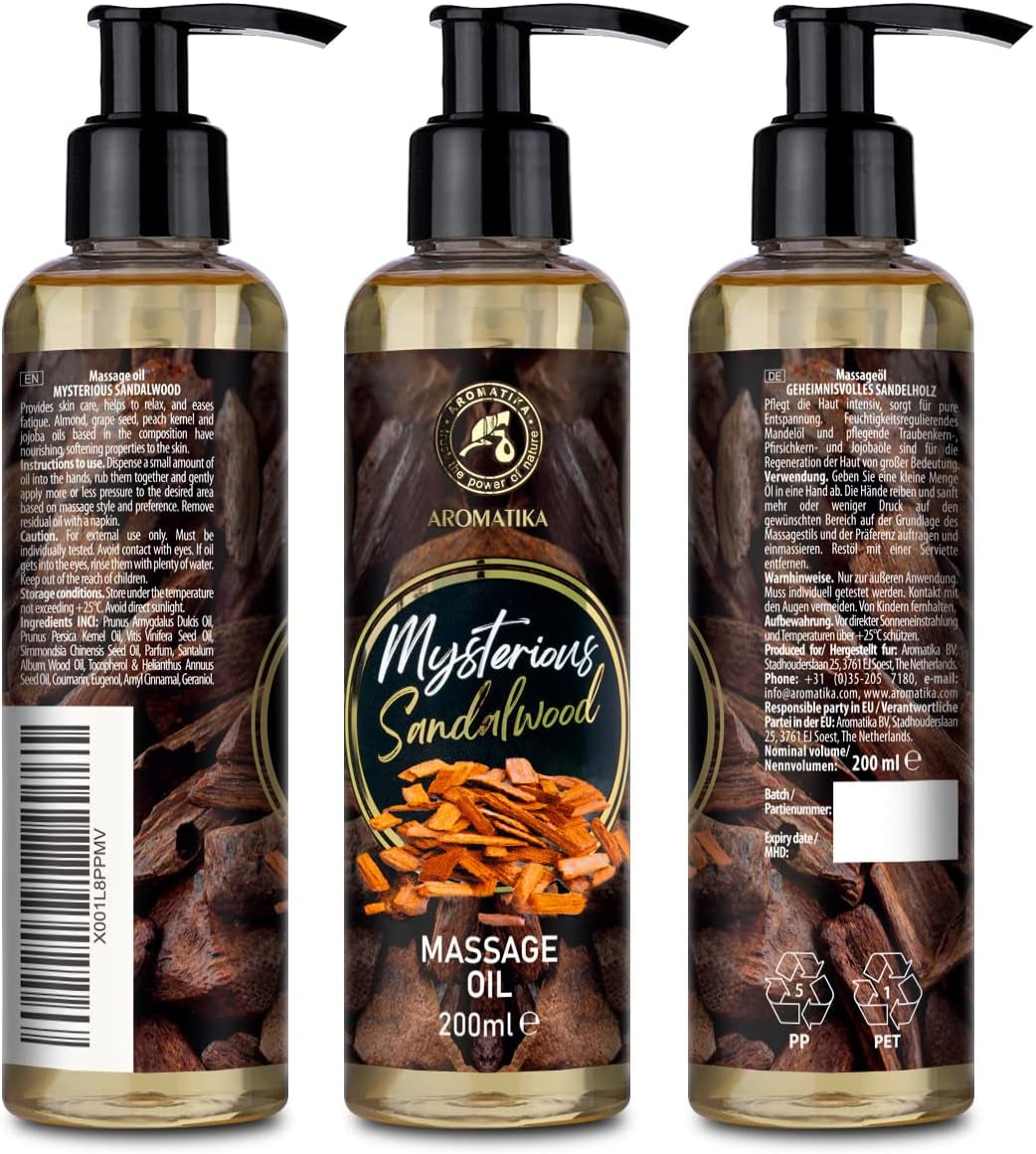 Olio Naturale per Massaggi Allevia Tensione (200 Ml) - Profumo Esotico Olio Essenziale Di Sandalo - Con Oli Naturali Di Noccioli Di Pesca, Jojoba, Mandorla, Semi Di Uva