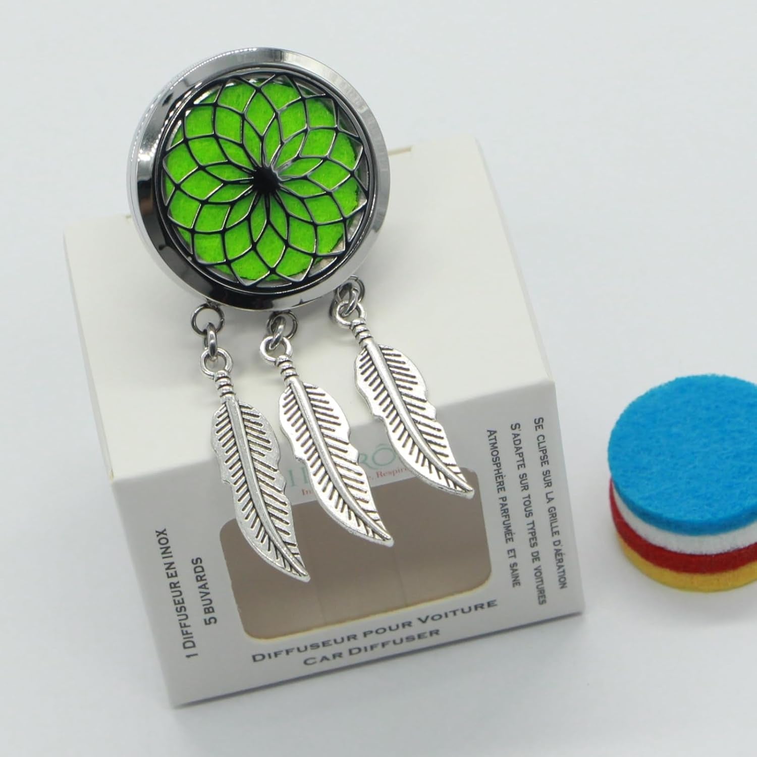 Zen'Aroôme - Diffusore Di Olio Essenziale per Auto, Clip Aromatizzante, Acchiappasogni, Diffusore + 5 Bicchieri Da Profumo Con Olio Essenziale O Profumo, in Acciaio Inossidabile, Fissaggio Su Griglia