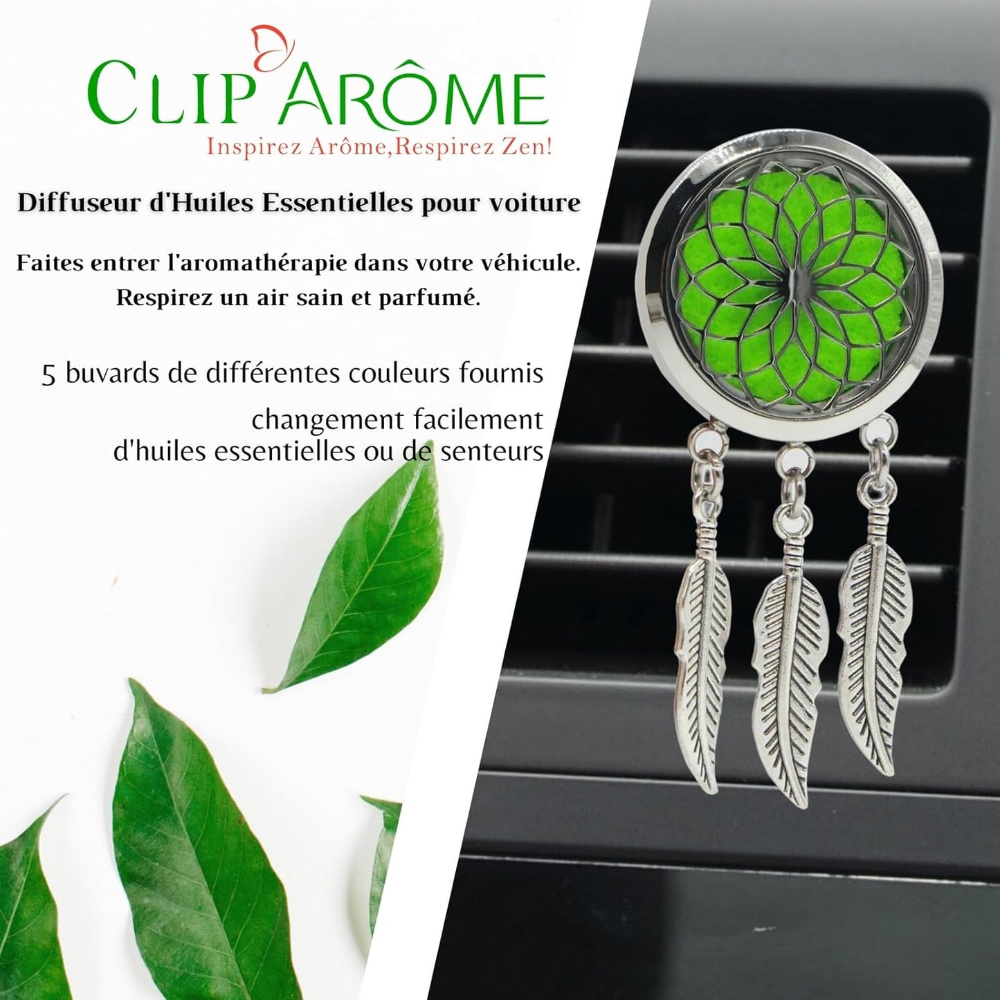 Zen'Aroôme - Diffusore Di Olio Essenziale per Auto, Clip Aromatizzante, Acchiappasogni, Diffusore + 5 Bicchieri Da Profumo Con Olio Essenziale O Profumo, in Acciaio Inossidabile, Fissaggio Su Griglia