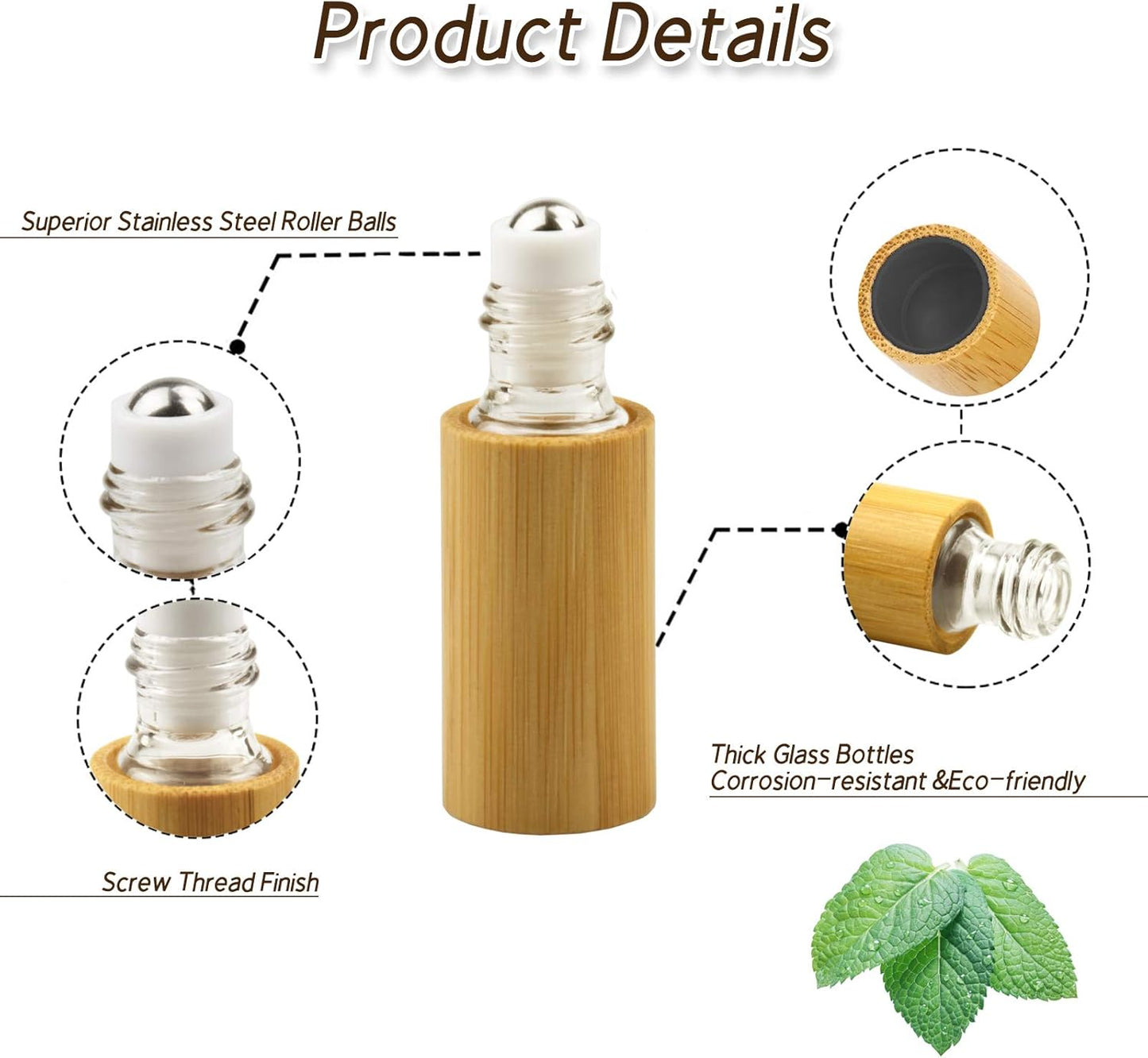 AUHOTA - Flacone Roll on in Bambù Da 5 Ml per Oli Essenziali, Bottiglia Portatile per Olio Da Massaggio, Interno Trasparente, Con Sfera a Rullo in Acciaio Inossidabile, Contenitore Ecologico Per