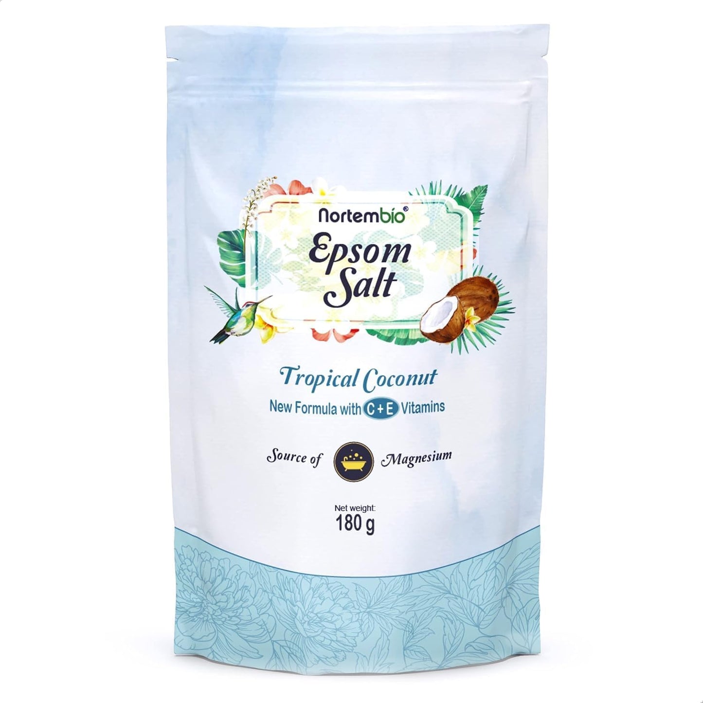 Sali Di Epsom Profumati 180 G Sale Da Bagno Al Magnesio Con Vitamine C Ed E | per Bagno Rilassante, Pediluvio E Spa a Casa | 6 Fragranze a Scelta + Ebook Gratuito (Cocco Tropicale)