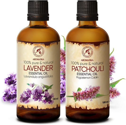 Olio Essenziale Set 2 X 100 Ml - Olio Di Lavanda E Patchouli - Pure & Natural - Cosmetico E per Massaggi - Oli Naturali per La Cura Della Pelle - Aromaterapia