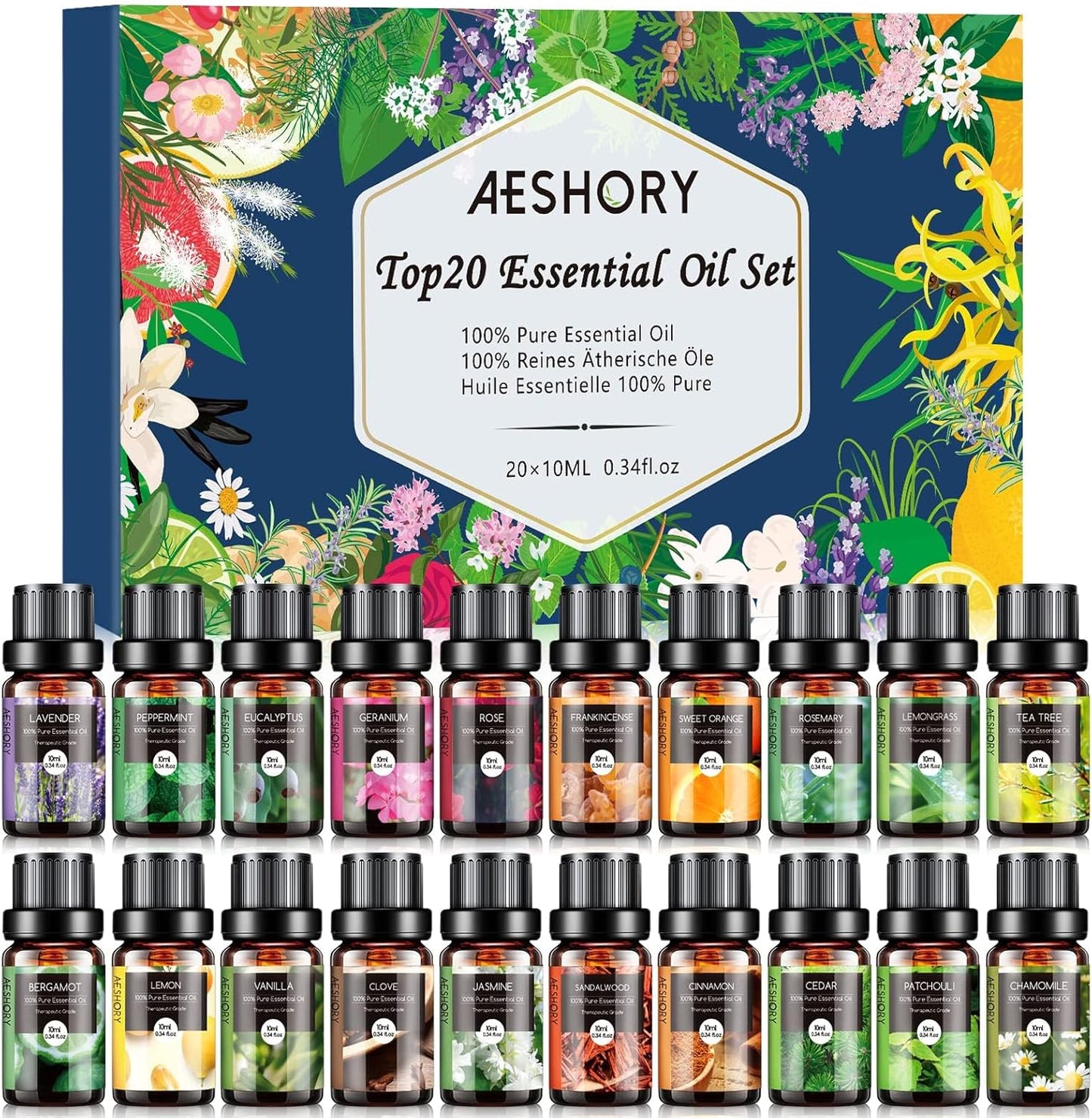Set Di Oli Essenziali 20 X 10Ml,100% Olio Essenziale Puri E Naturali per Diffusori Umidificatore, Kit Oli Essenziali per Aromaterapia, Candele Fai Da Te, Profumate, SPA, Massaggi