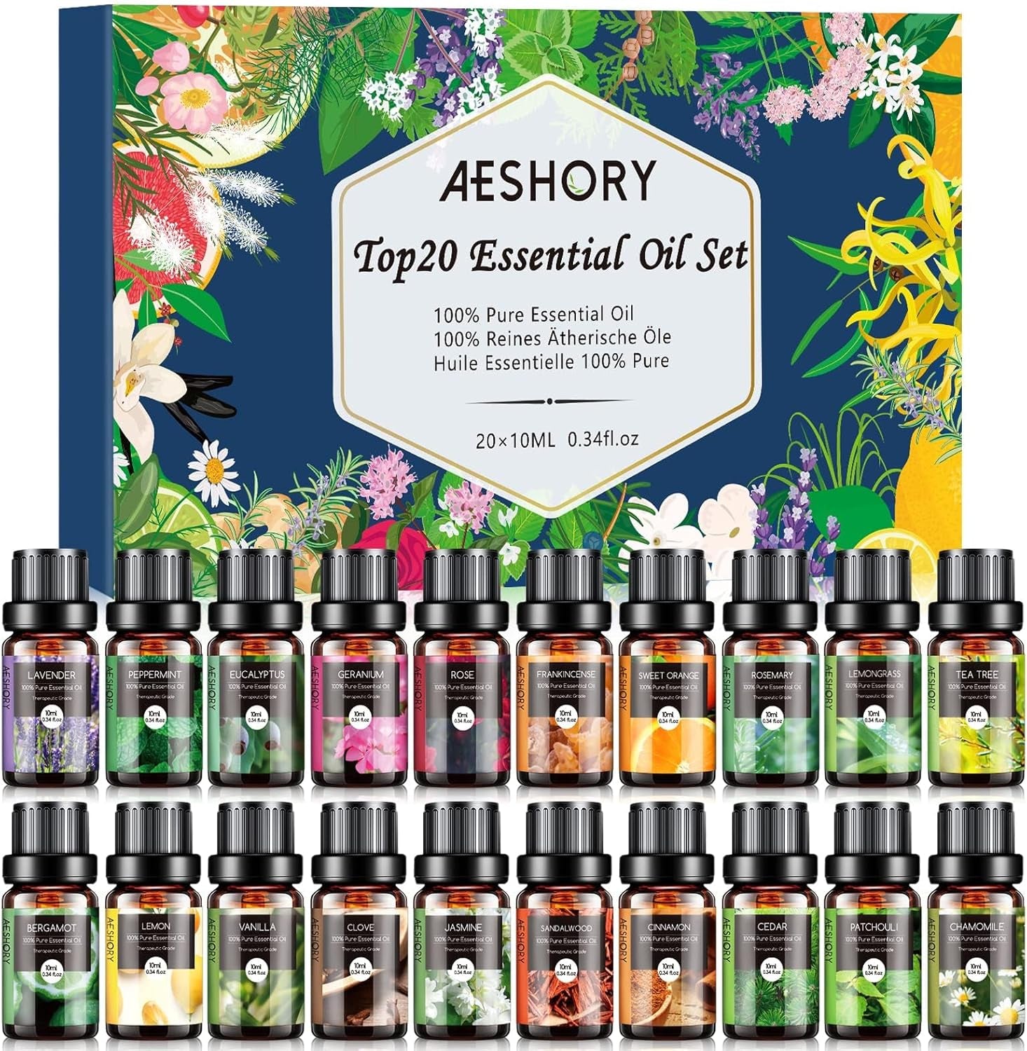 Set Di Oli Essenziali 20 X 10Ml,100% Olio Essenziale Puri E Naturali per Diffusori Umidificatore, Kit Oli Essenziali per Aromaterapia, Candele Fai Da Te, Profumate, SPA, Massaggi