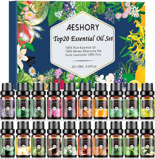 Set Di Oli Essenziali 20 X 10Ml,100% Olio Essenziale Puri E Naturali per Diffusori Umidificatore, Kit Oli Essenziali per Aromaterapia, Candele Fai Da Te, Profumate, SPA, Massaggi