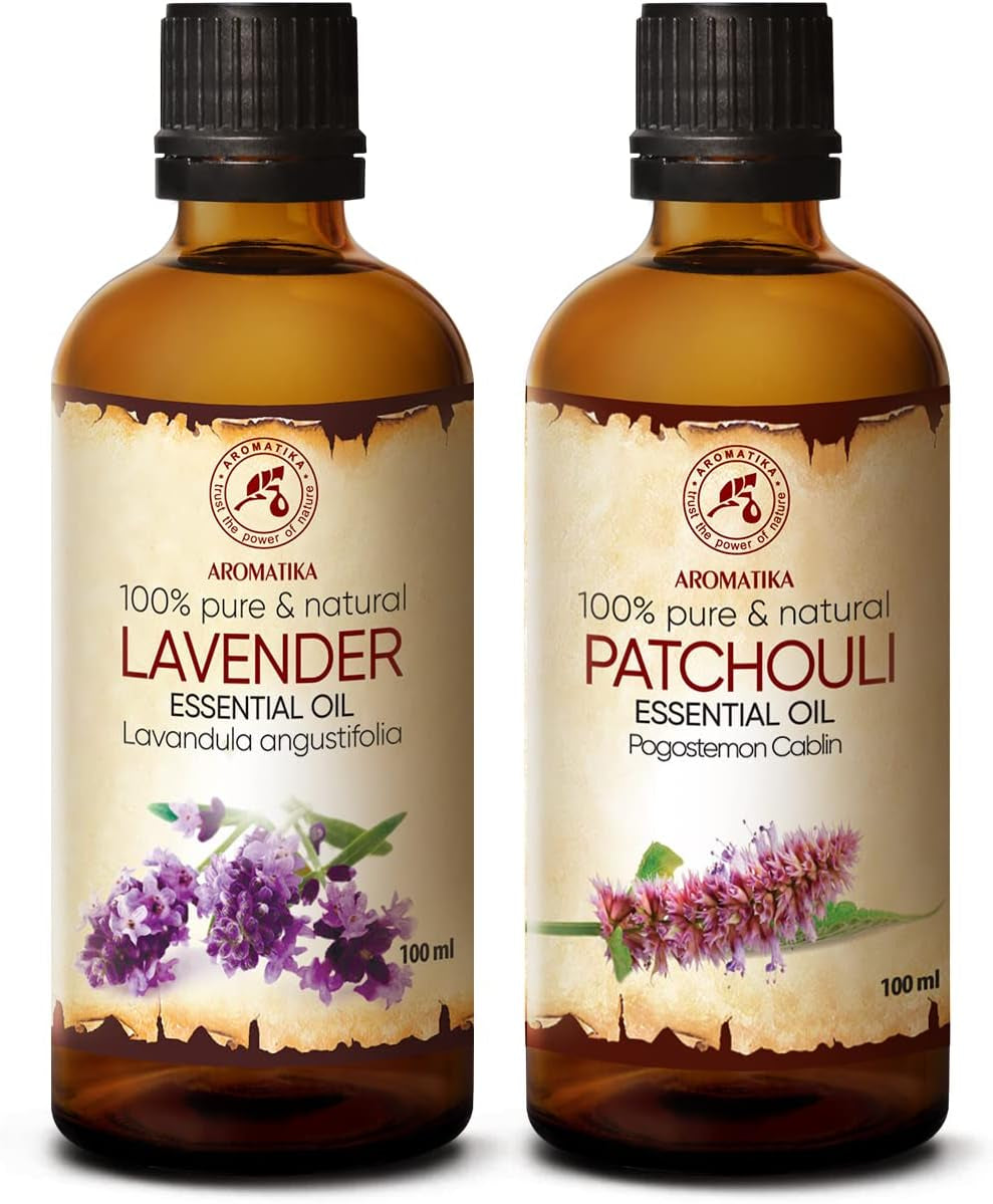 Olio Essenziale Set 2 X 100 Ml - Olio Di Lavanda E Patchouli - Pure & Natural - Cosmetico E per Massaggi - Oli Naturali per La Cura Della Pelle - Aromaterapia
